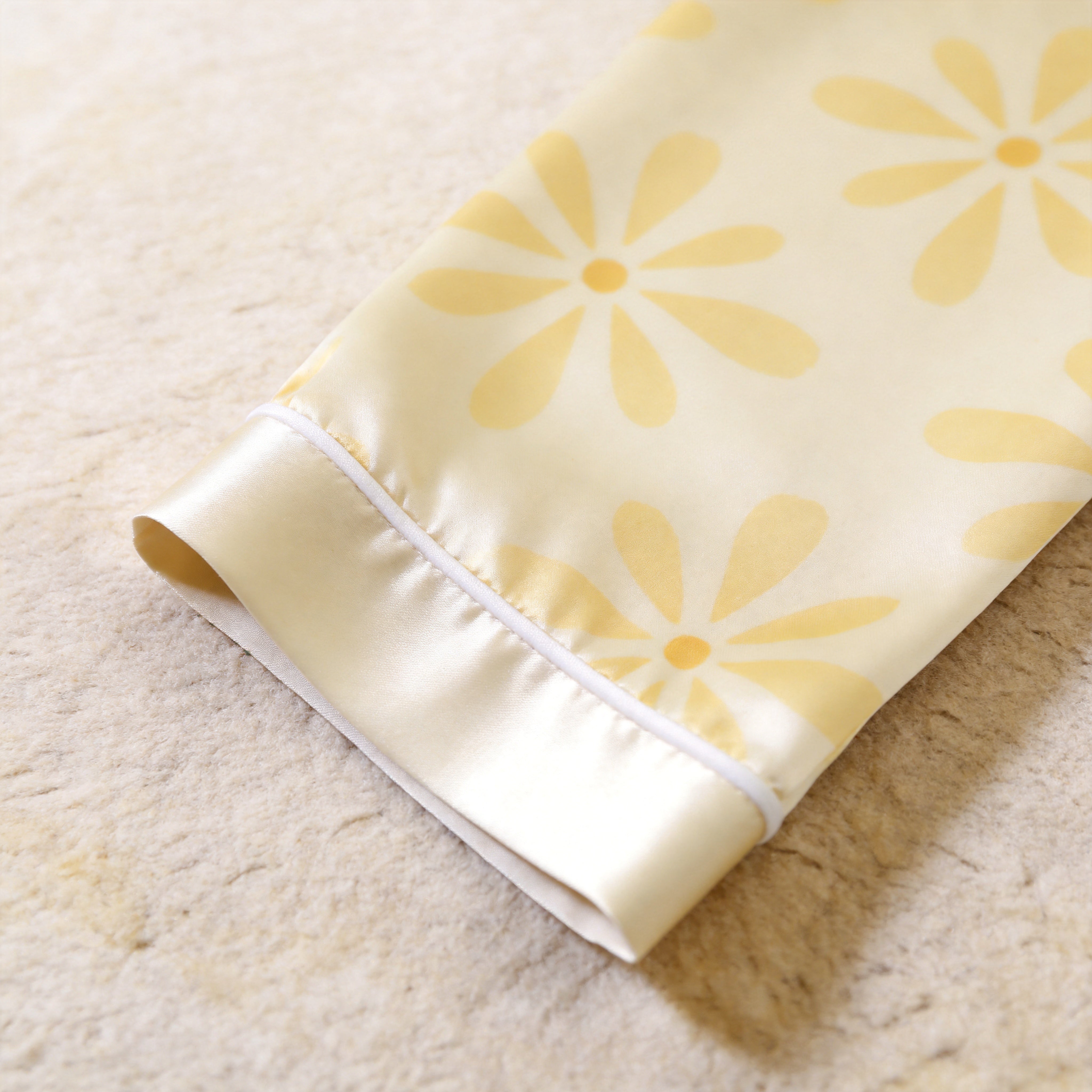 Soft Yellow Daisy Print Satin Matching Pajamas for Couples – Long Sleeve Button-Down Top & Pants Sleepwear Set