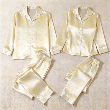 Soft Yellow Daisy Print Satin Matching Pajamas for Couples – Long Sleeve Button-Down Top & Pants Sleepwear Set