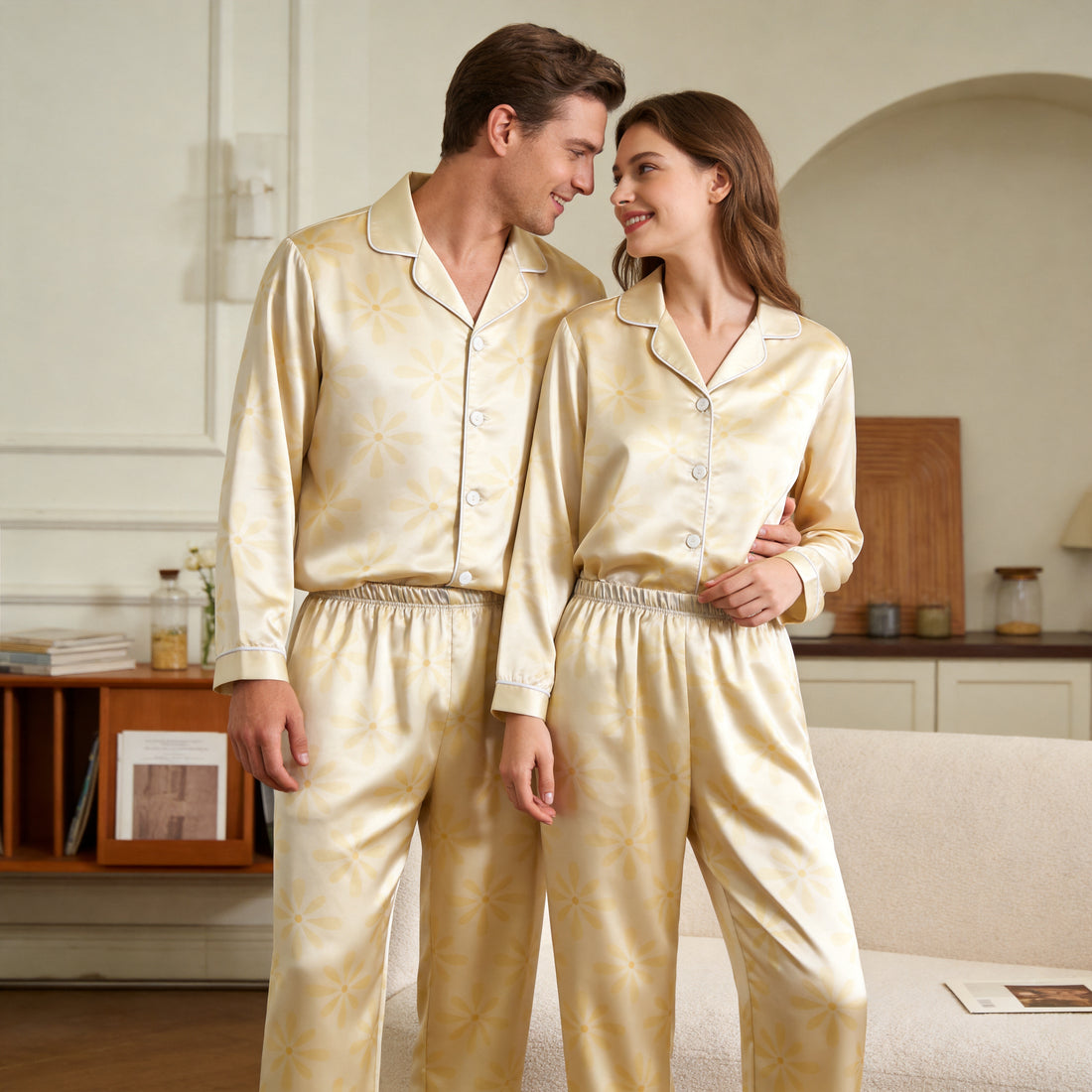 Soft Yellow Daisy Print Satin Matching Pajamas for Couples – Long Sleeve Button-Down Top & Pants Sleepwear Set