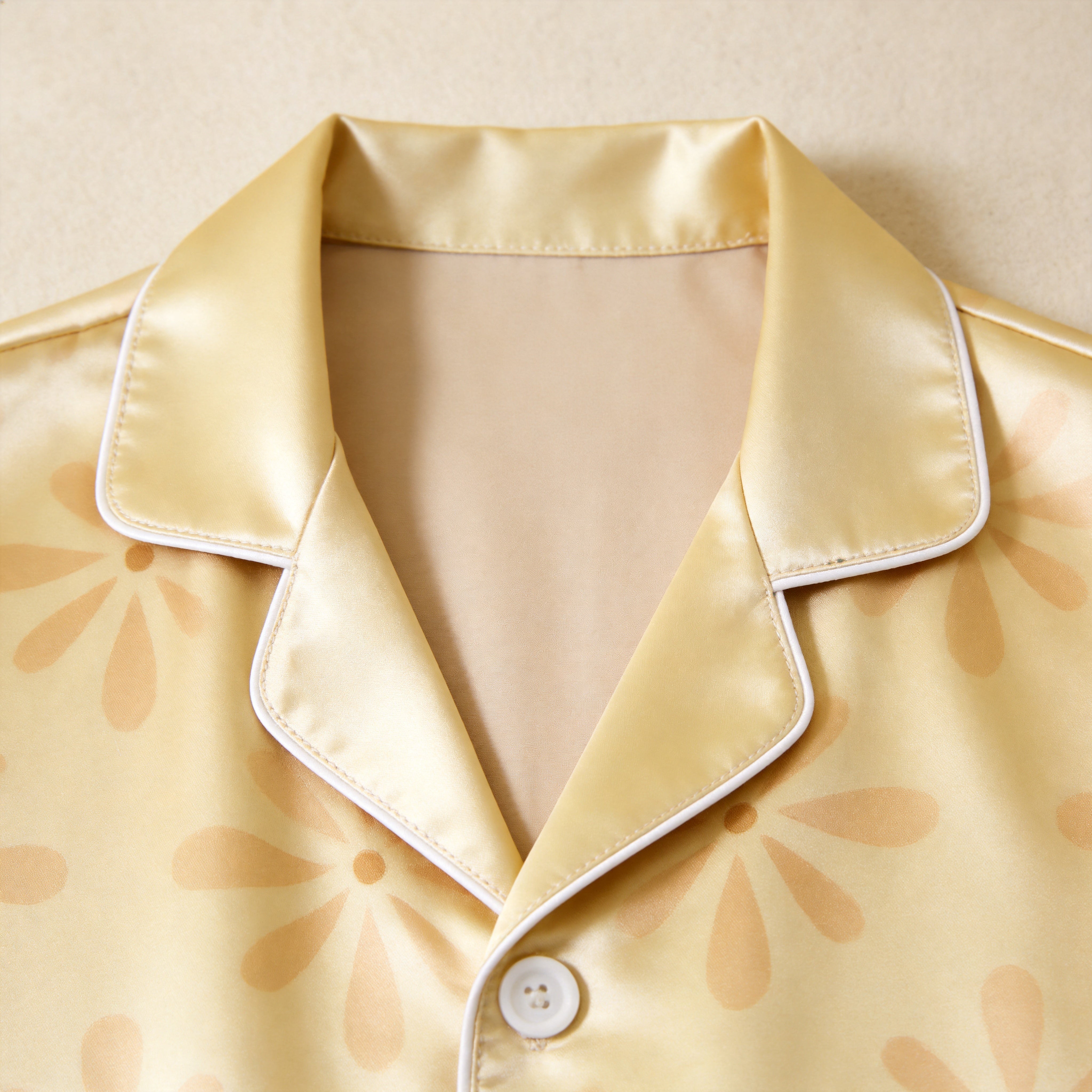 Yellow Daisy Print Satin Button-Up Family Pajamas Set