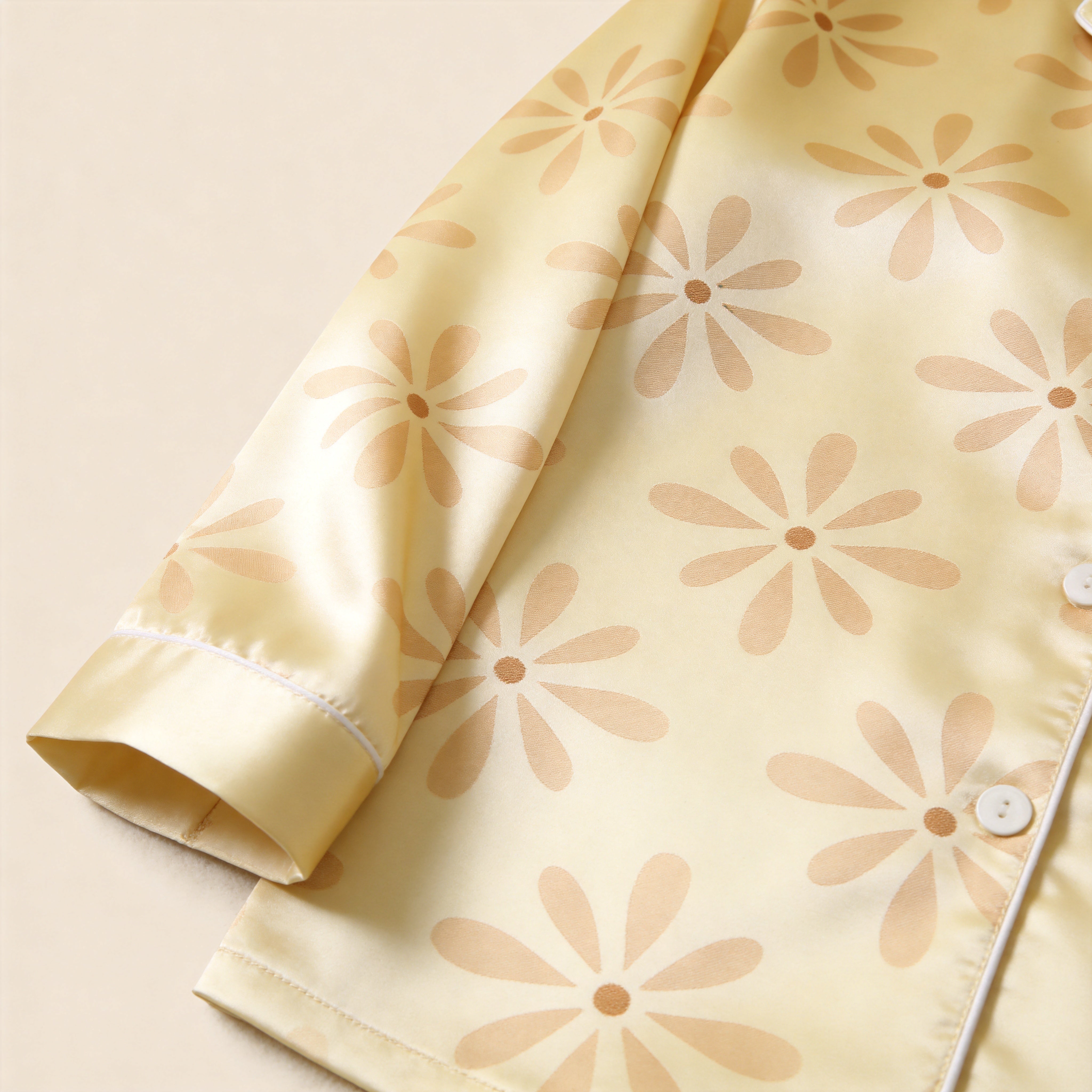 Yellow Daisy Print Satin Button-Up Family Pajamas Set