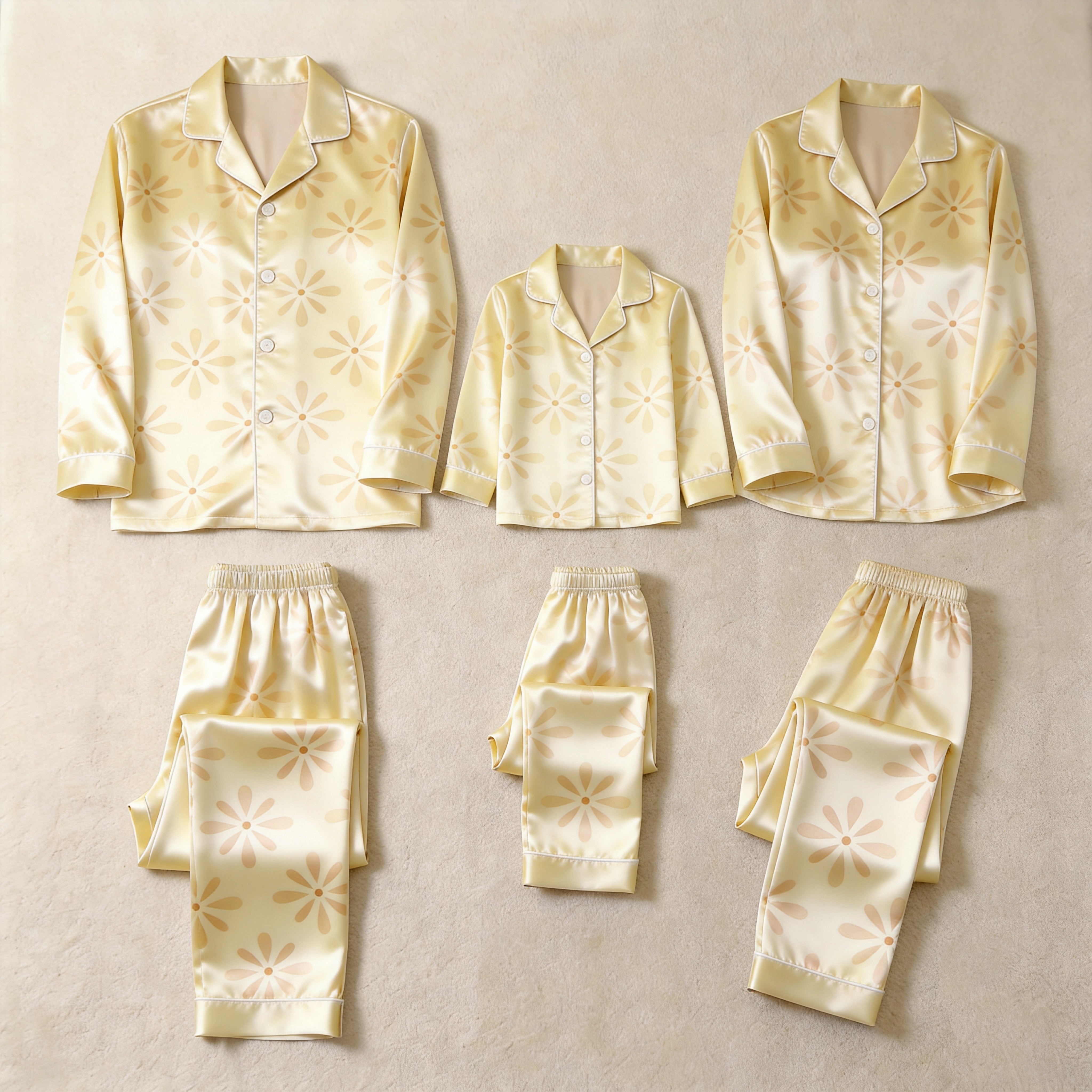 Yellow Daisy Print Satin Button-Up Family Pajamas Set