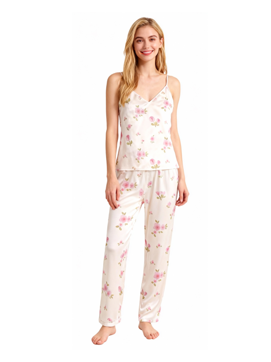 Silky Satin 3-Piece Nightwear Set with Watercolor Florals Design