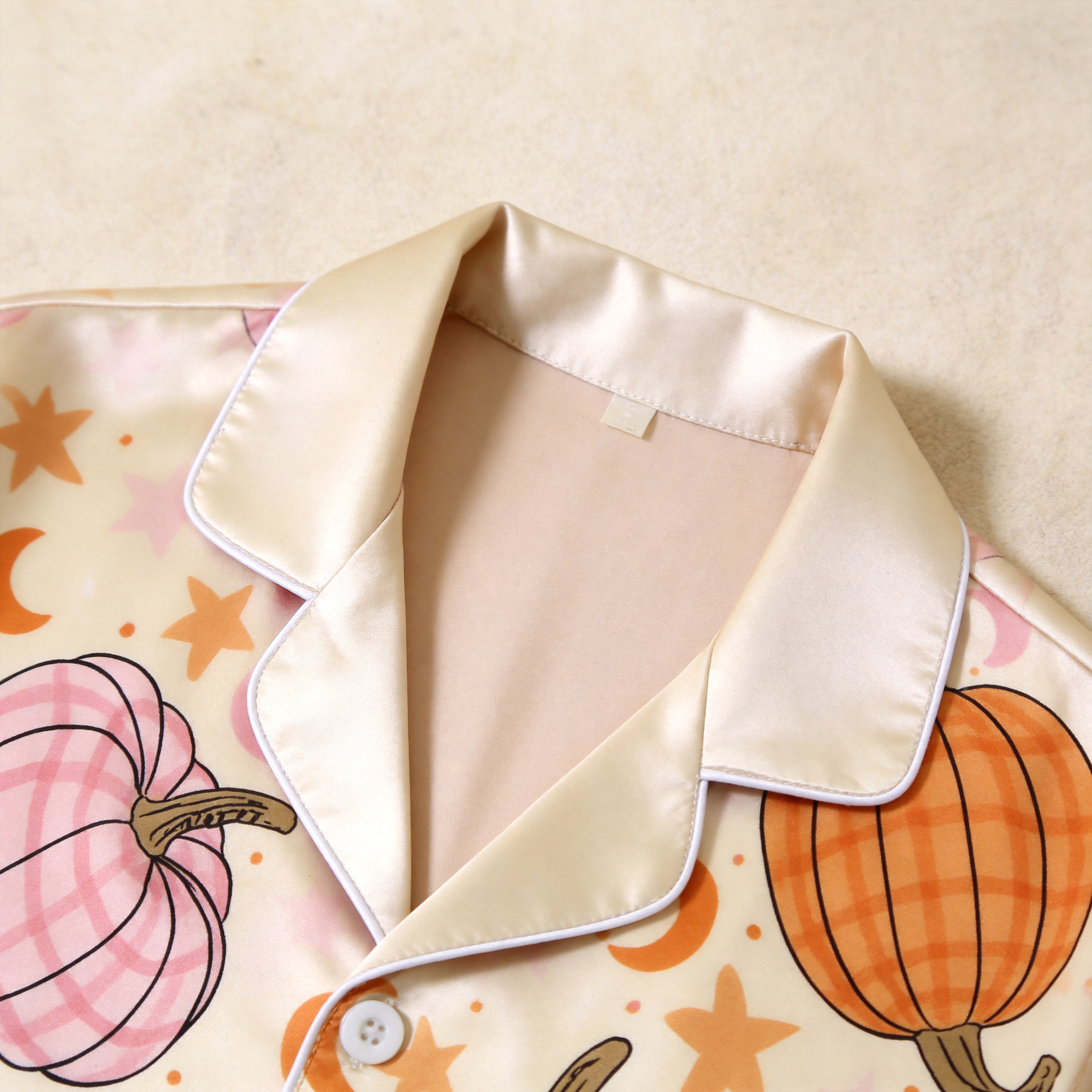 Cute Autumn Pumpkin & Star Print Satin Matching Pajamas for Couples – Long Sleeve Button-Down Top & Pants Sleepwear Set