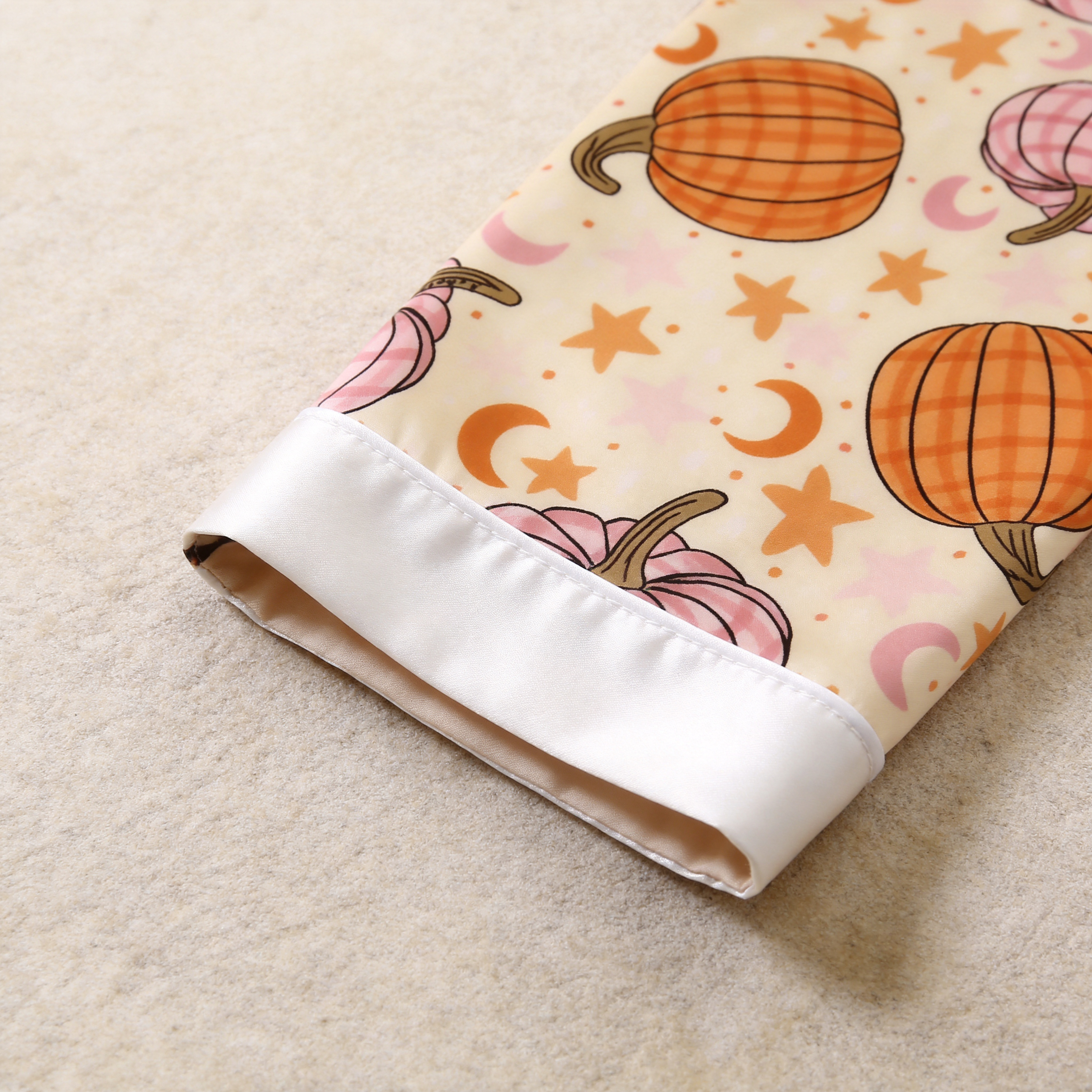 Pink and Orange Pumpkin Print Satin Button-Up Family Halloween Pajamas Set