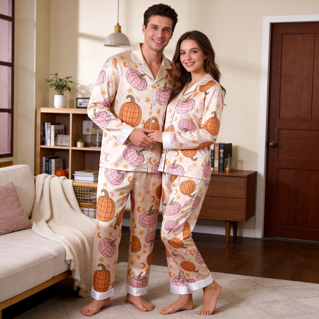 Cute Autumn Pumpkin & Star Print Satin Matching Pajamas for Couples – Long Sleeve Button-Down Top & Pants Sleepwear Set