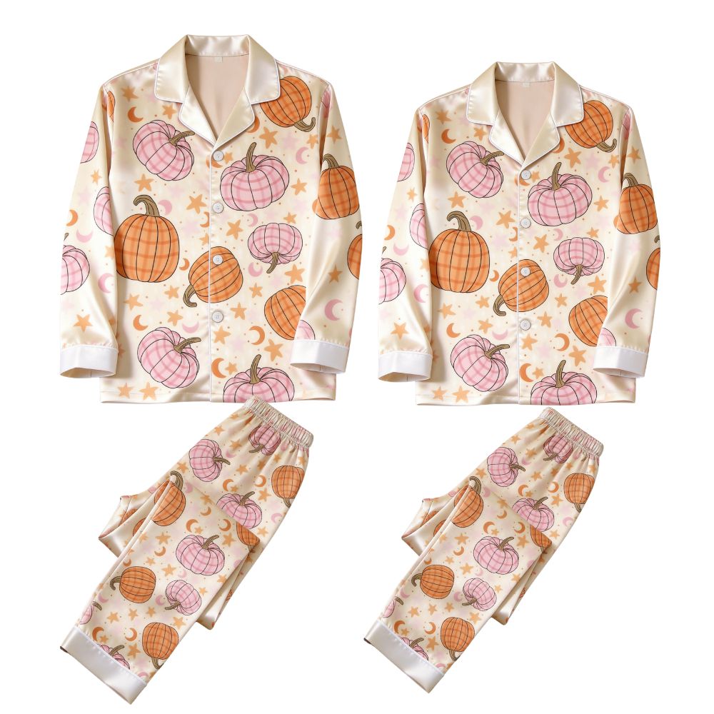Cute Autumn Pumpkin & Star Print Satin Matching Pajamas for Couples – Long Sleeve Button-Down Top & Pants Sleepwear Set