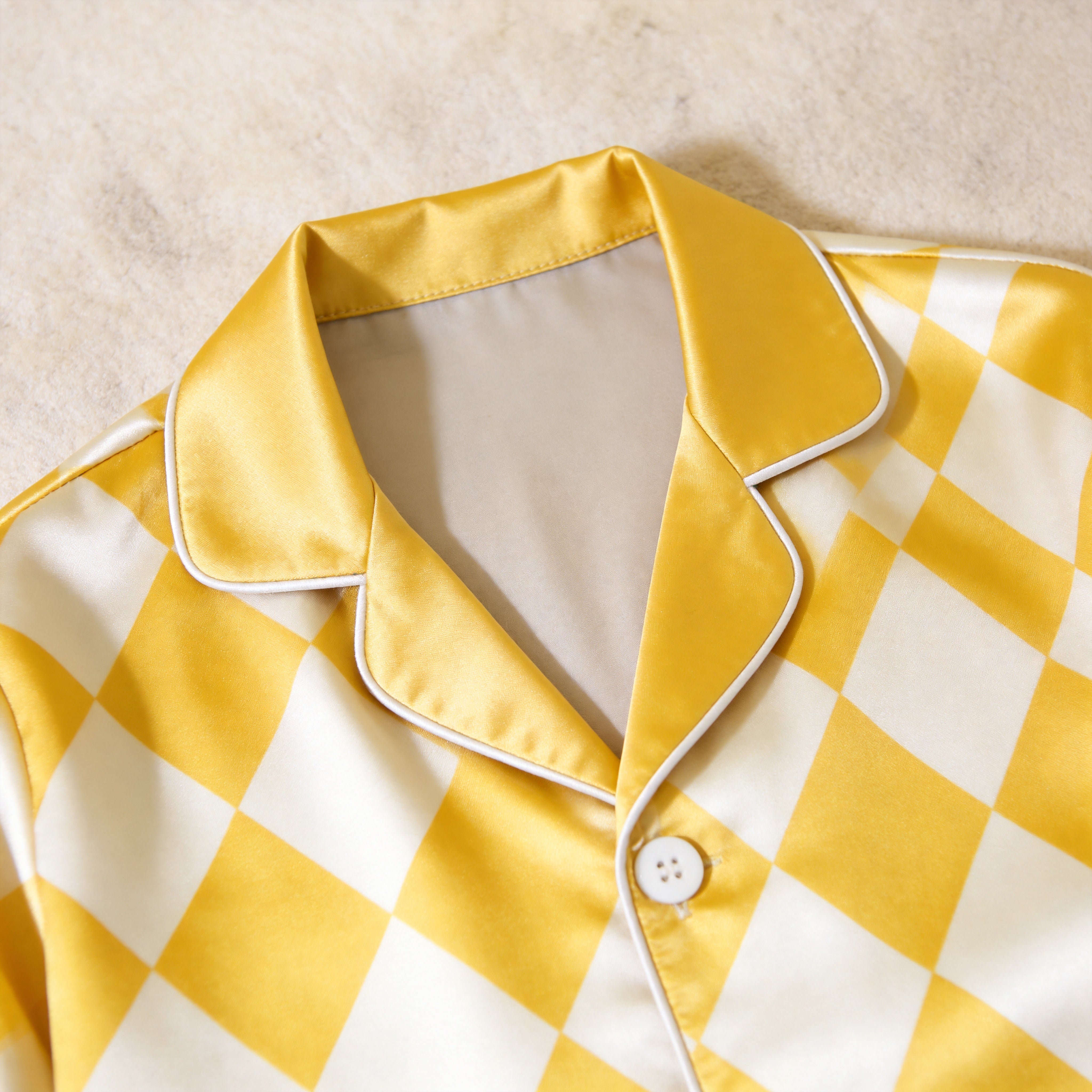 Bright Yellow Argyle Print Satin Matching Pajamas for Couples – Long Sleeve Button-Down Top & Pants Sleepwear Set