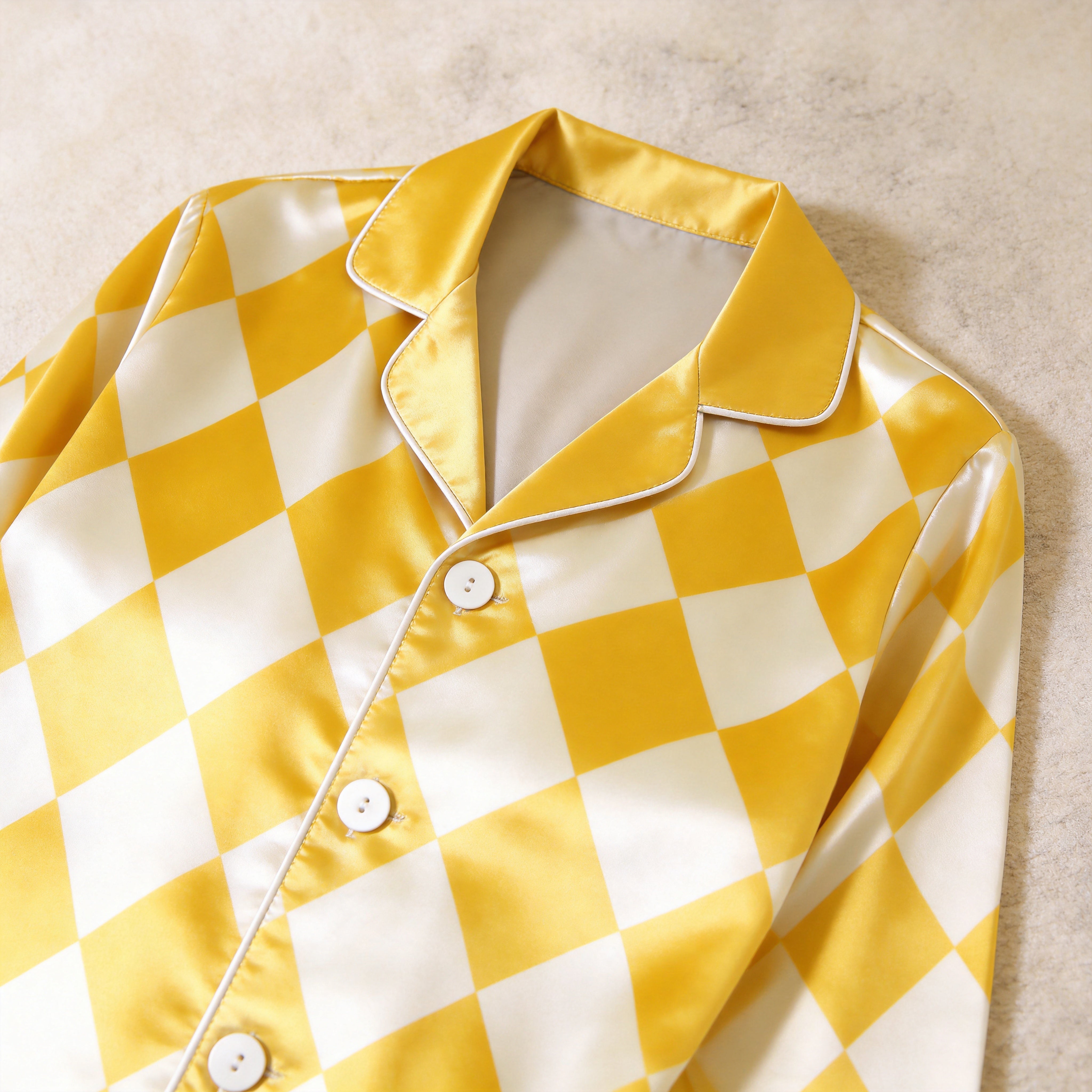 Bright Yellow Argyle Print Satin Matching Pajamas for Couples – Long Sleeve Button-Down Top & Pants Sleepwear Set