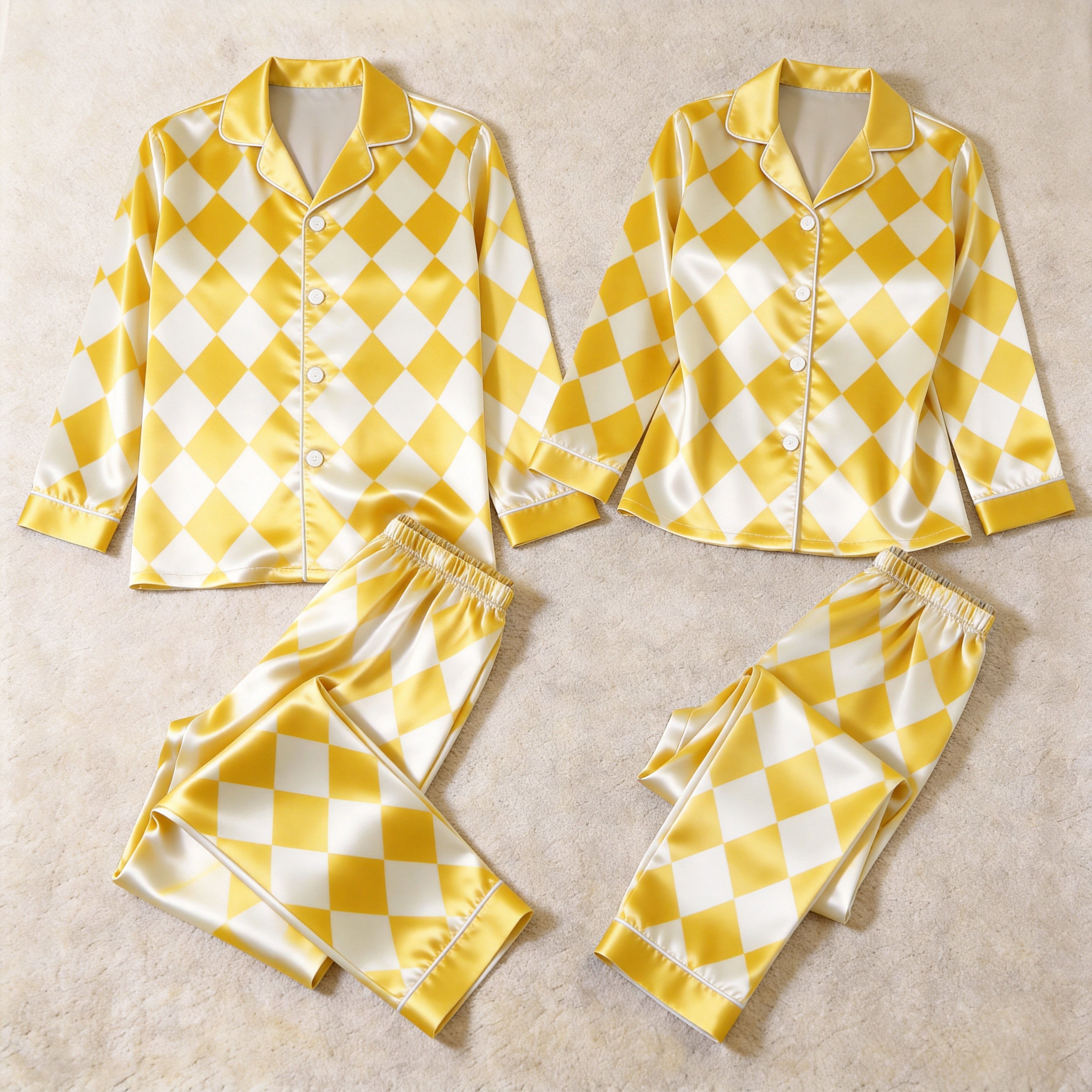 Bright Yellow Argyle Print Satin Matching Pajamas for Couples – Long Sleeve Button-Down Top & Pants Sleepwear Set
