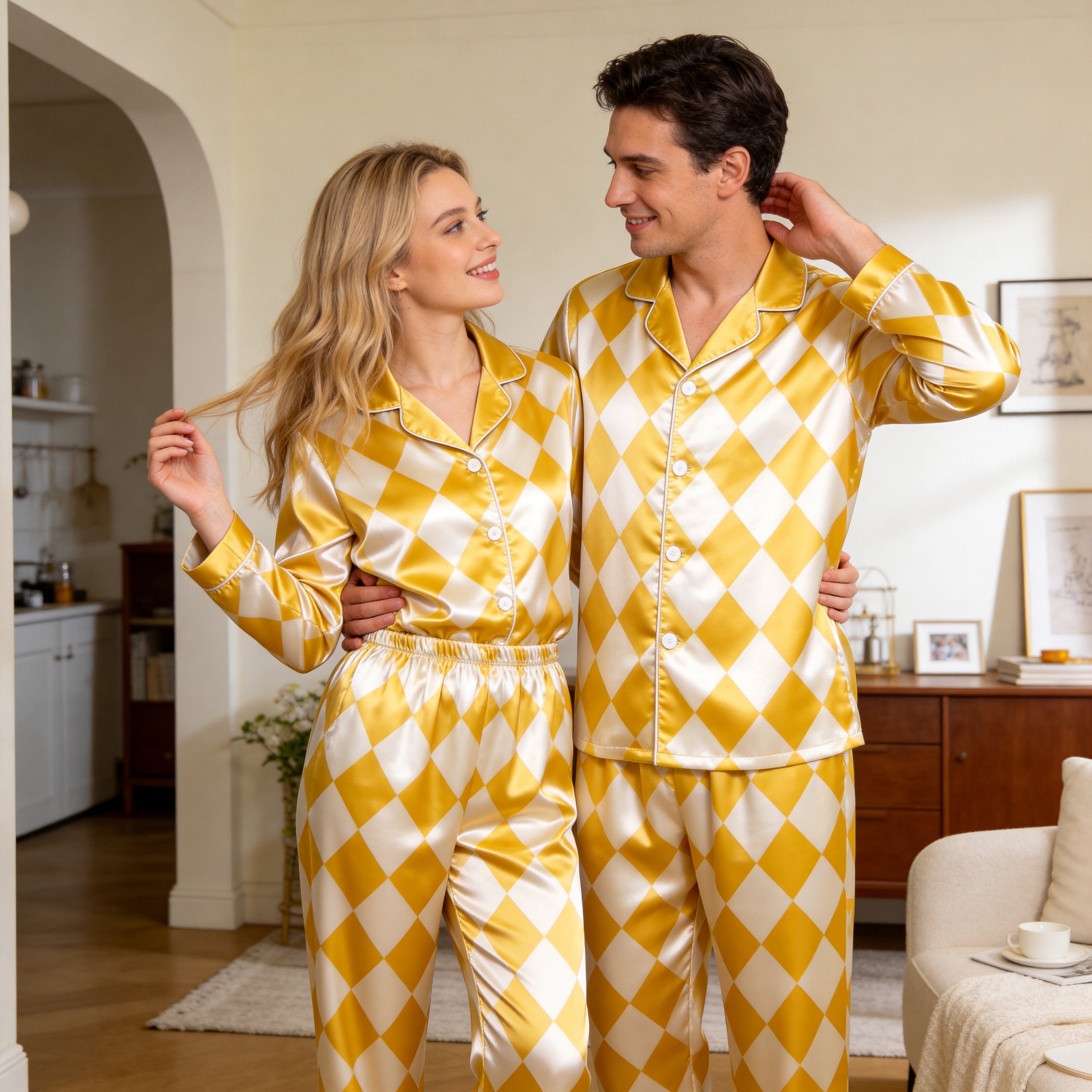 Bright Yellow Argyle Print Satin Matching Pajamas for Couples – Long Sleeve Button-Down Top & Pants Sleepwear Set