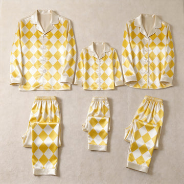Yellow and White Argyle Satin Button-Up Family Pajamas Set