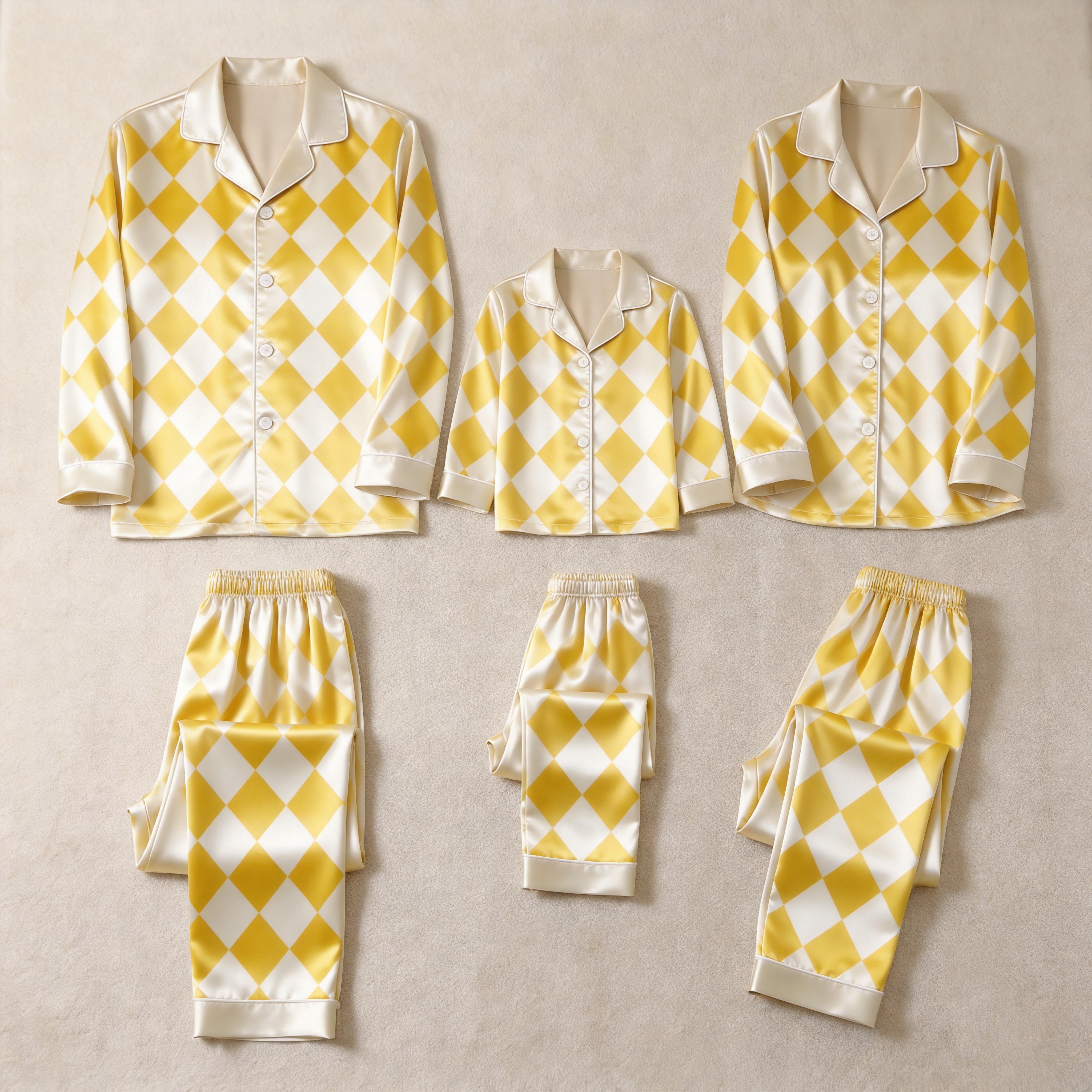 Yellow and White Argyle Satin Button-Up Family Pajamas Set