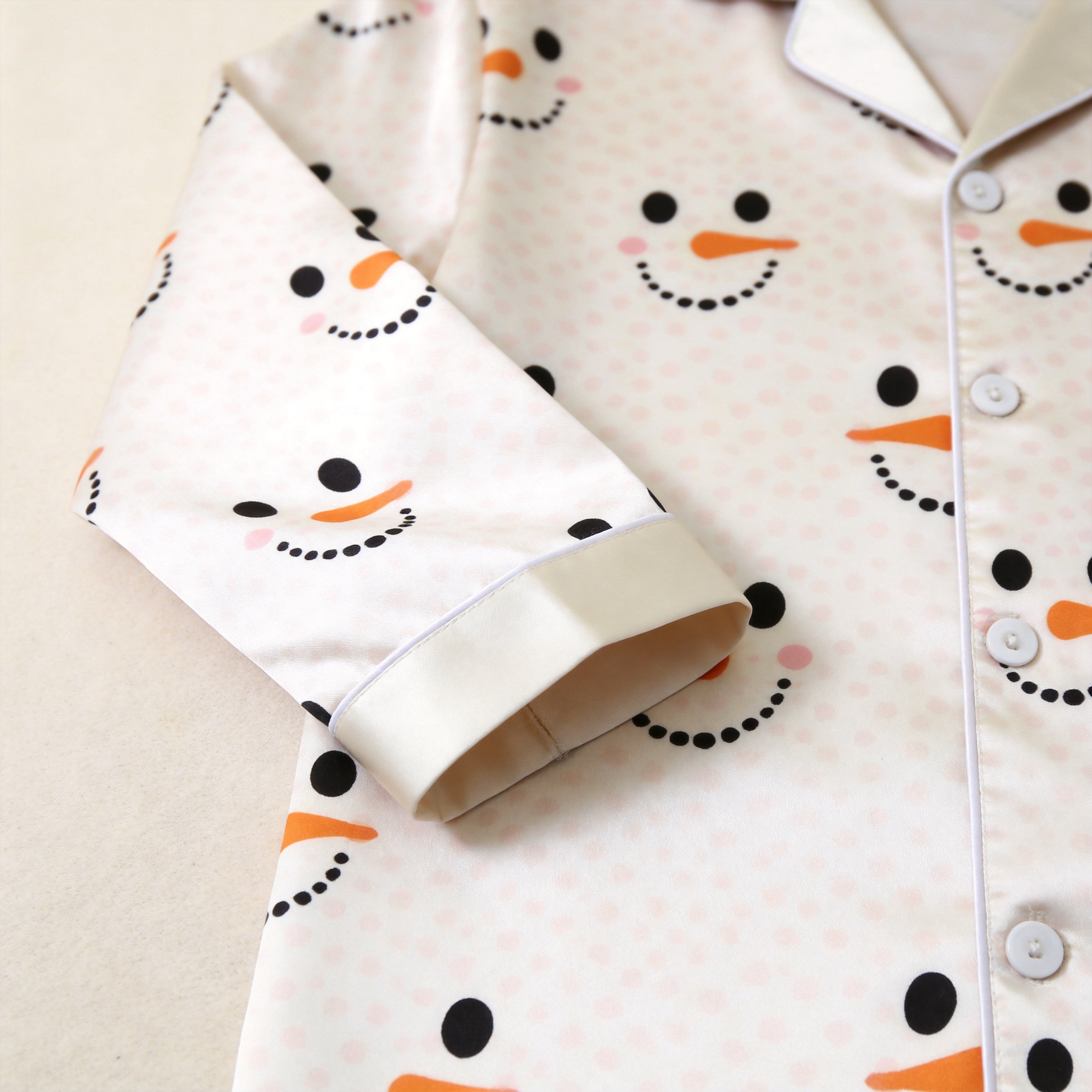 Cute Snowman Face Print Satin Matching Pajamas for Couples – Long Sleeve Button-Down Top & Pants Sleepwear Set