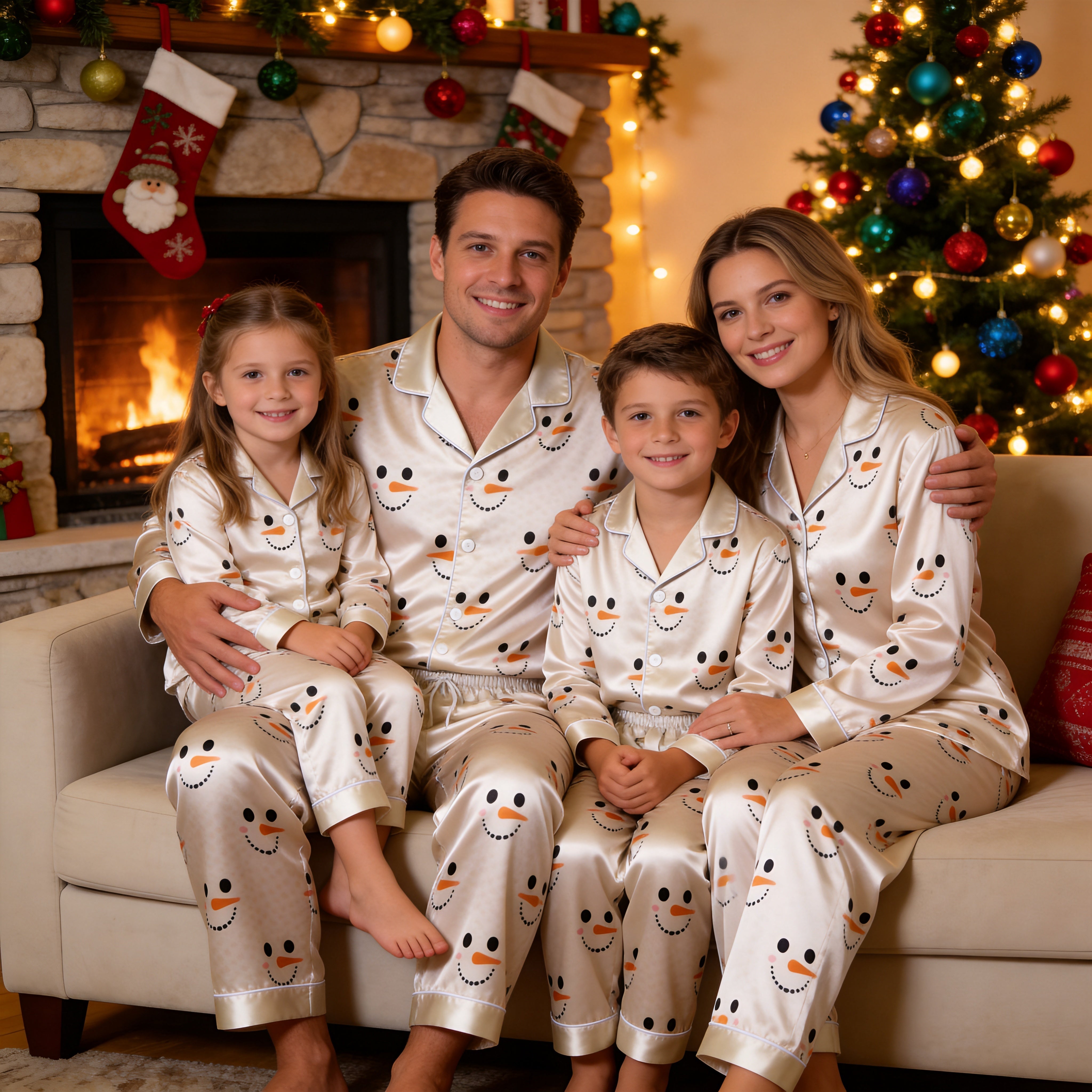 Cute Snowman Face Print Satin Button-Up Family Christmas Pajamas Set