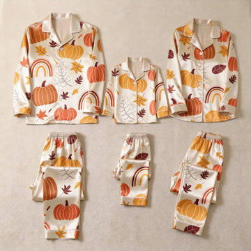 Autumn Pumpkin and Leaf Print Satin Button-Up Family Pajamas Set
