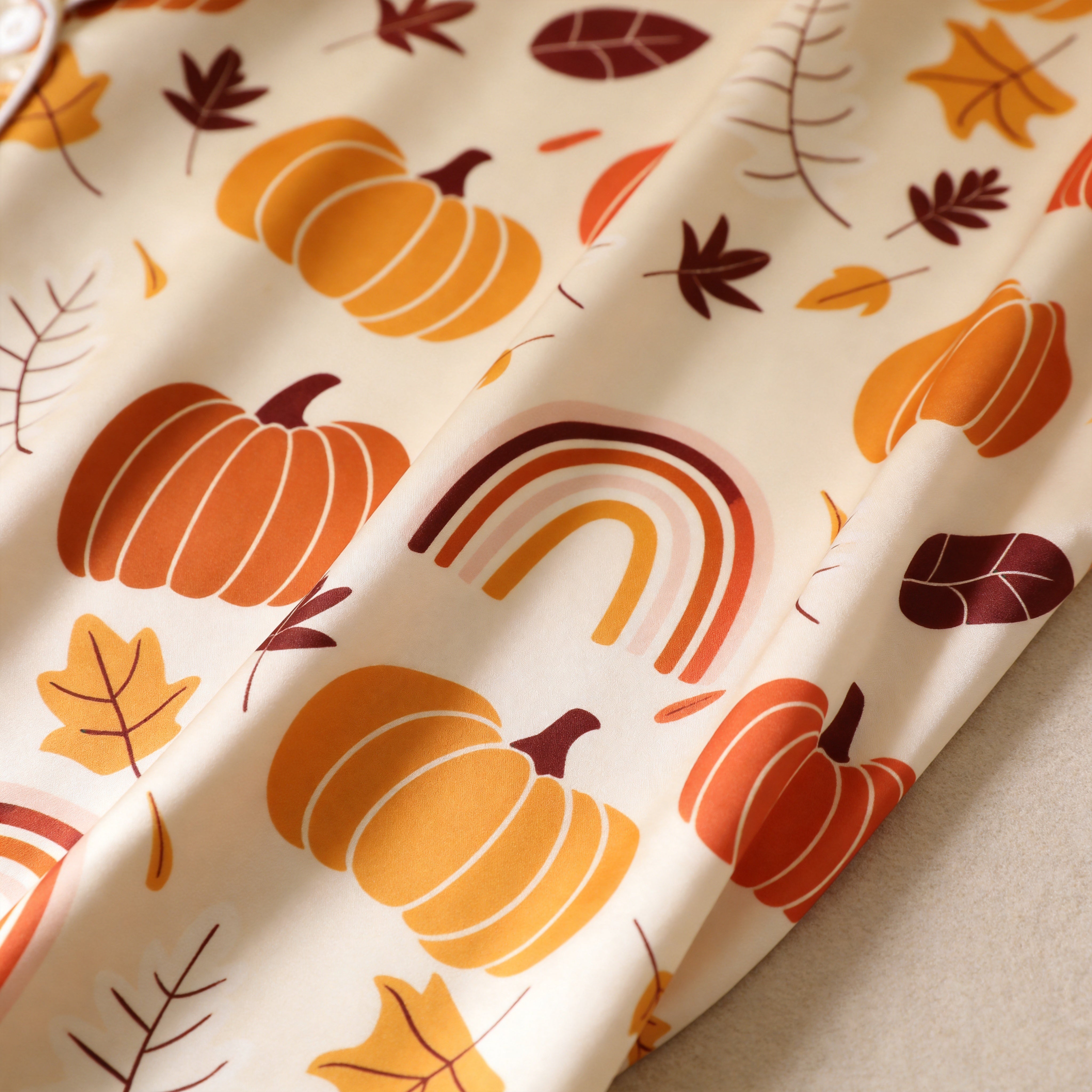 Autumn Harvest Pumpkin & Leaf Print Satin Matching Pajamas for Couples – Long Sleeve Button-Down Top & Pants Sleepwear Set