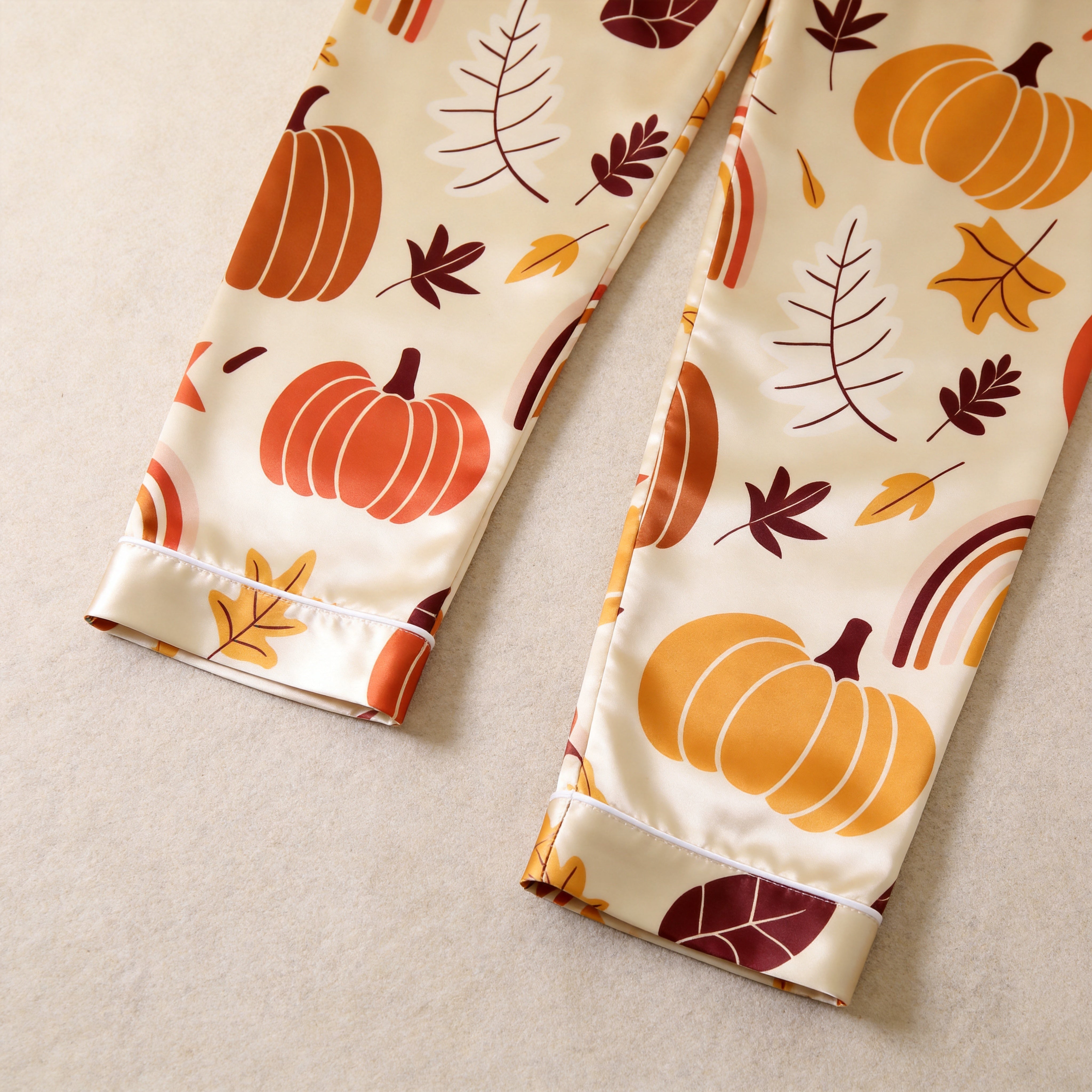 Autumn Harvest Pumpkin & Leaf Print Satin Matching Pajamas for Couples – Long Sleeve Button-Down Top & Pants Sleepwear Set