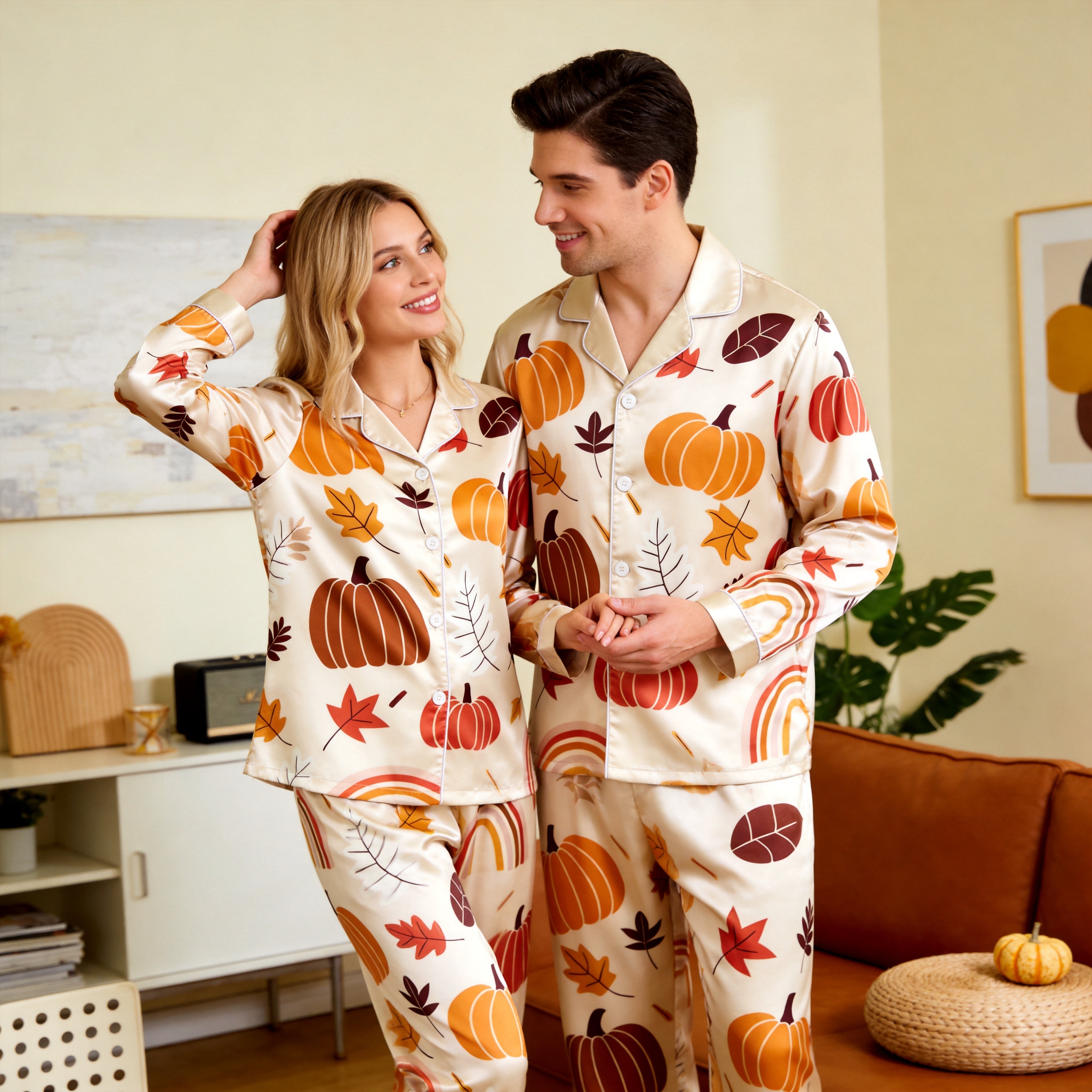 Autumn Harvest Pumpkin & Leaf Print Satin Matching Pajamas for Couples – Long Sleeve Button-Down Top & Pants Sleepwear Set