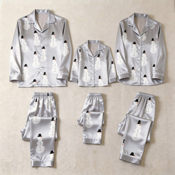 Grey Snowman Print Satin Button-Up Family Christmas Pajamas Set