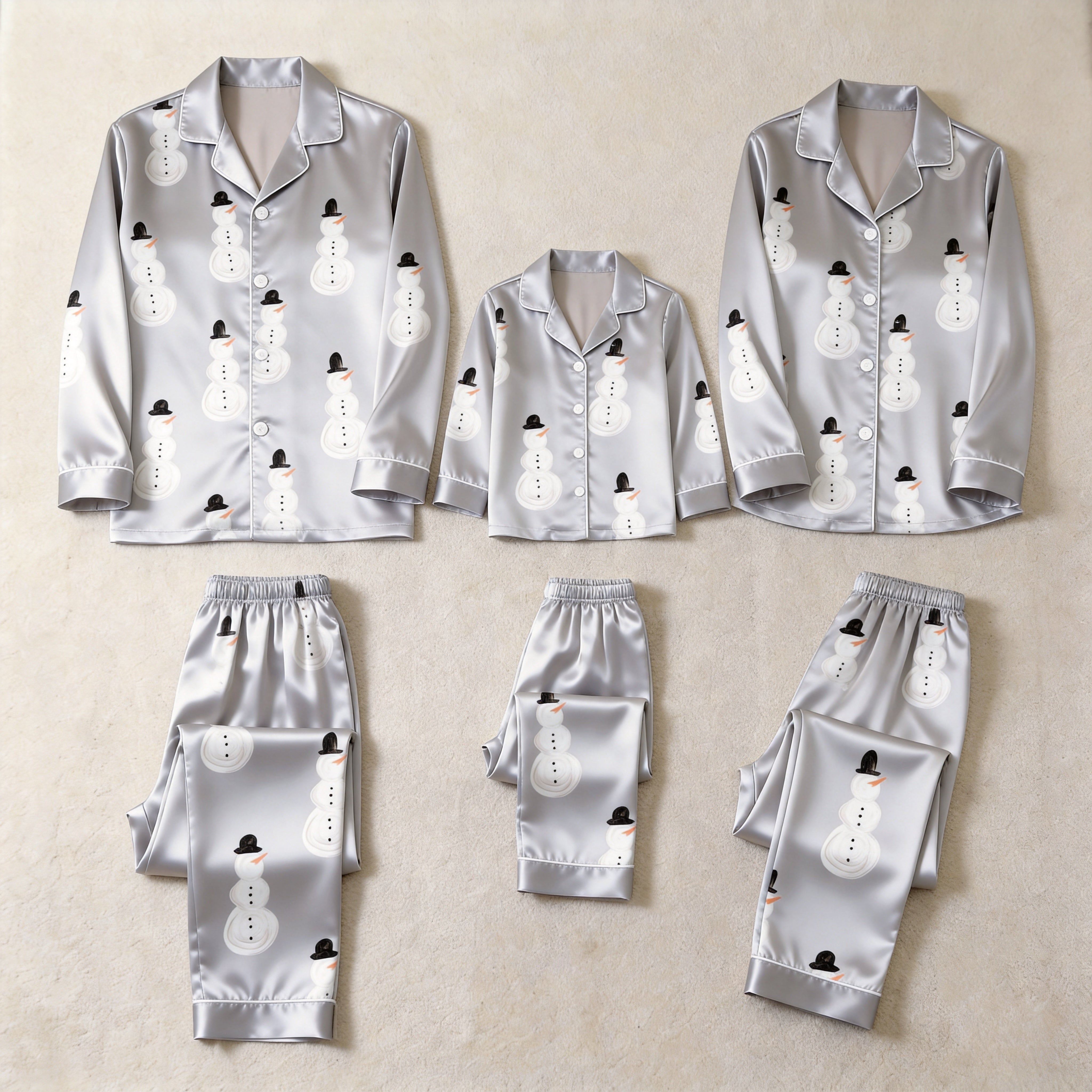 Grey Snowman Print Satin Button-Up Family Christmas Pajamas Set