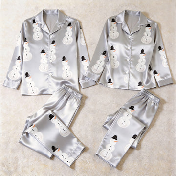 Winter Snowman Print Satin Matching Pajamas for Couples – Long Sleeve Button-Down Top & Pants Sleepwear Set