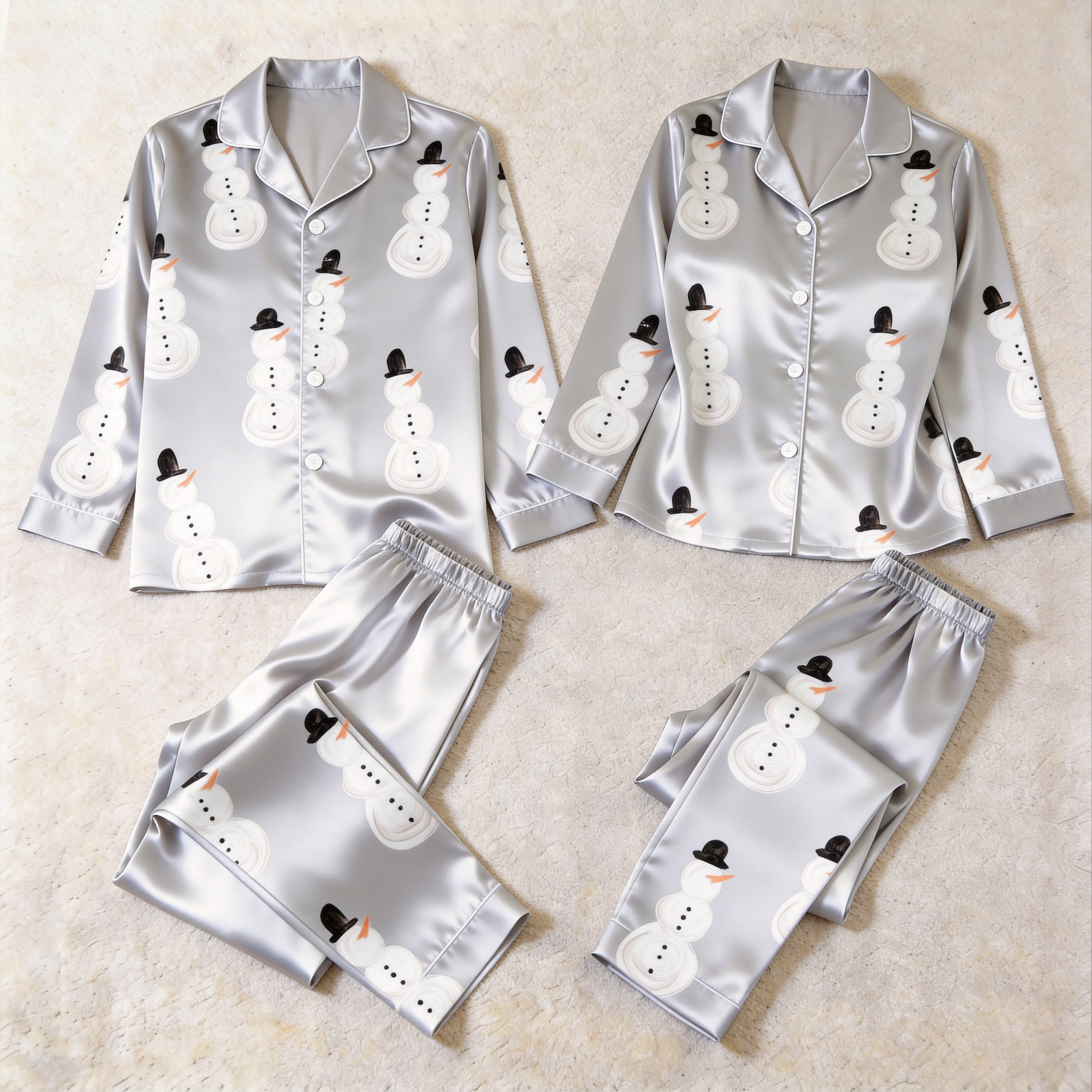 Winter Snowman Print Satin Matching Pajamas for Couples – Long Sleeve Button-Down Top & Pants Sleepwear Set