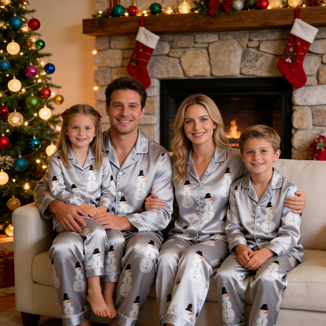 Grey Snowman Print Satin Button-Up Family Christmas Pajamas Set