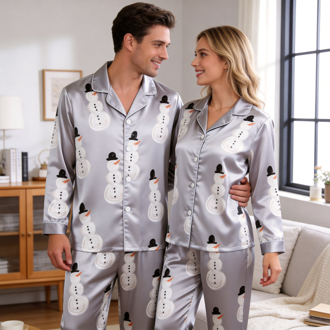Winter Snowman Print Satin Matching Pajamas for Couples – Long Sleeve Button-Down Top & Pants Sleepwear Set