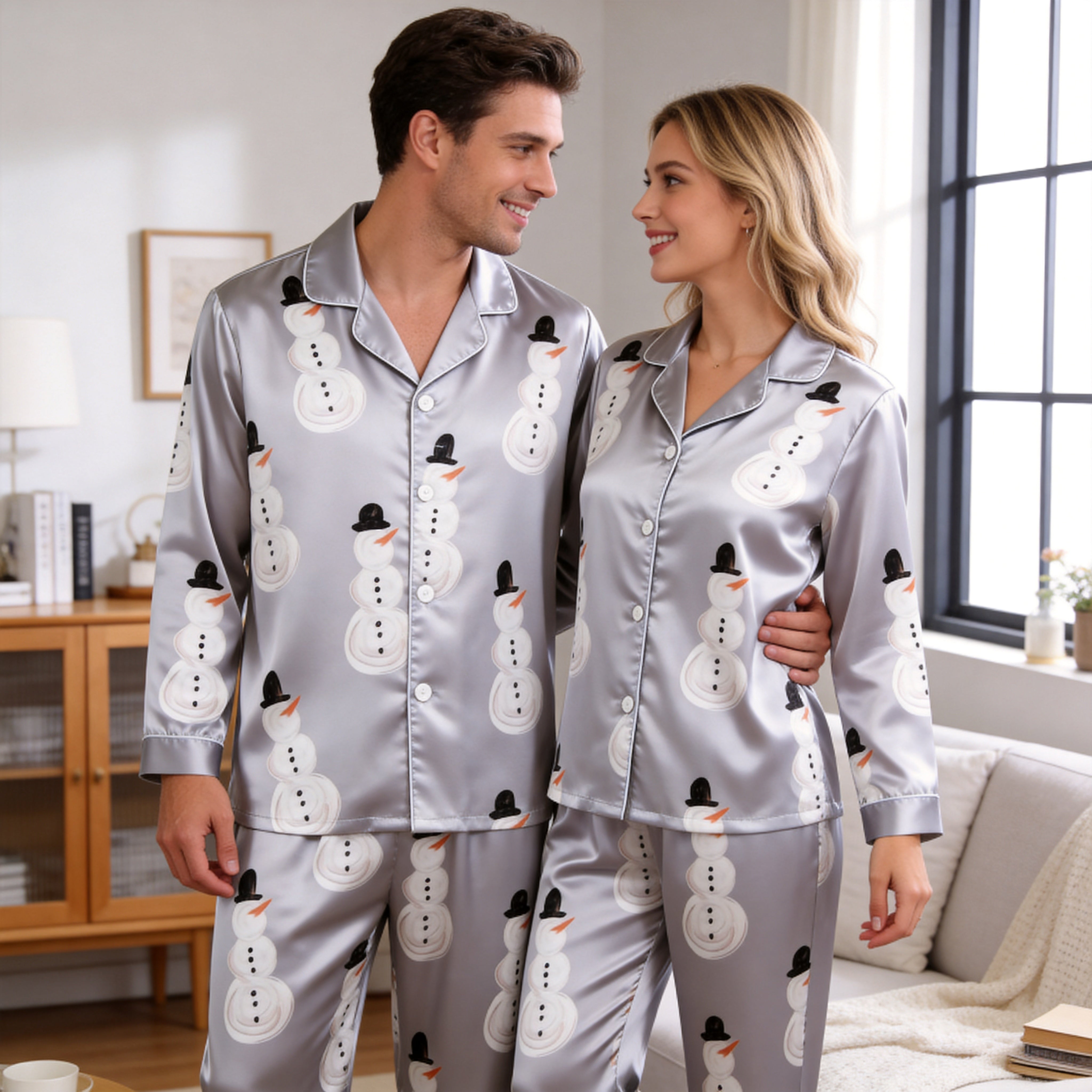 Winter Snowman Print Satin Matching Pajamas for Couples – Long Sleeve Button-Down Top & Pants Sleepwear Set