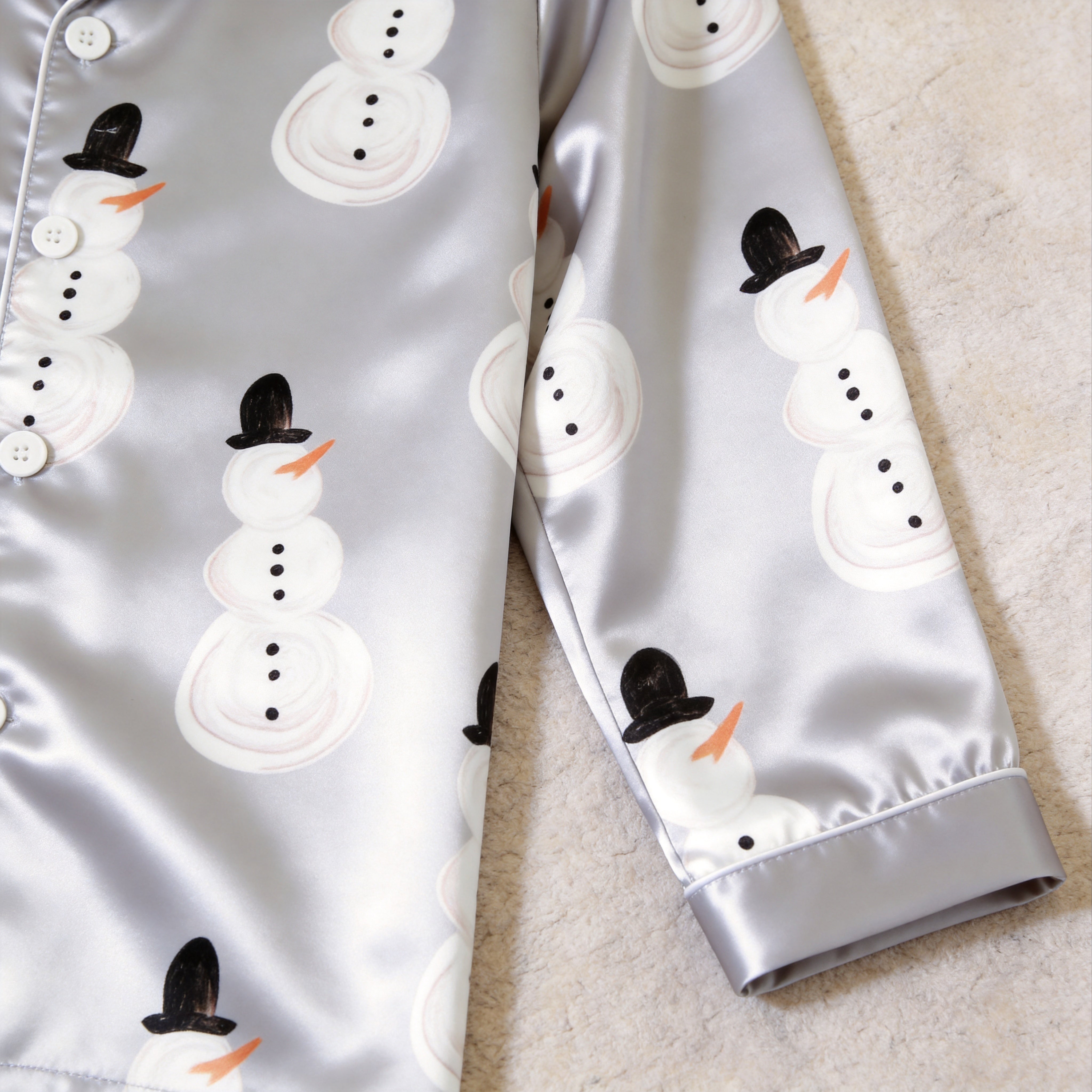 Winter Snowman Print Satin Matching Pajamas for Couples – Long Sleeve Button-Down Top & Pants Sleepwear Set