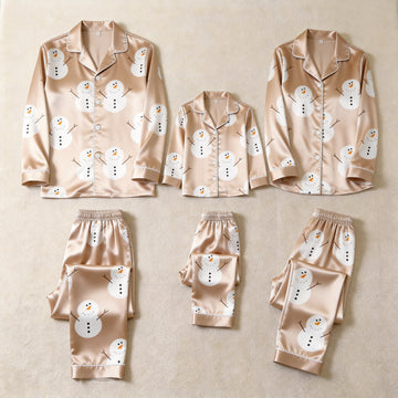Beige Snowman Print Satin Button-Up Family Christmas Pajamas Set