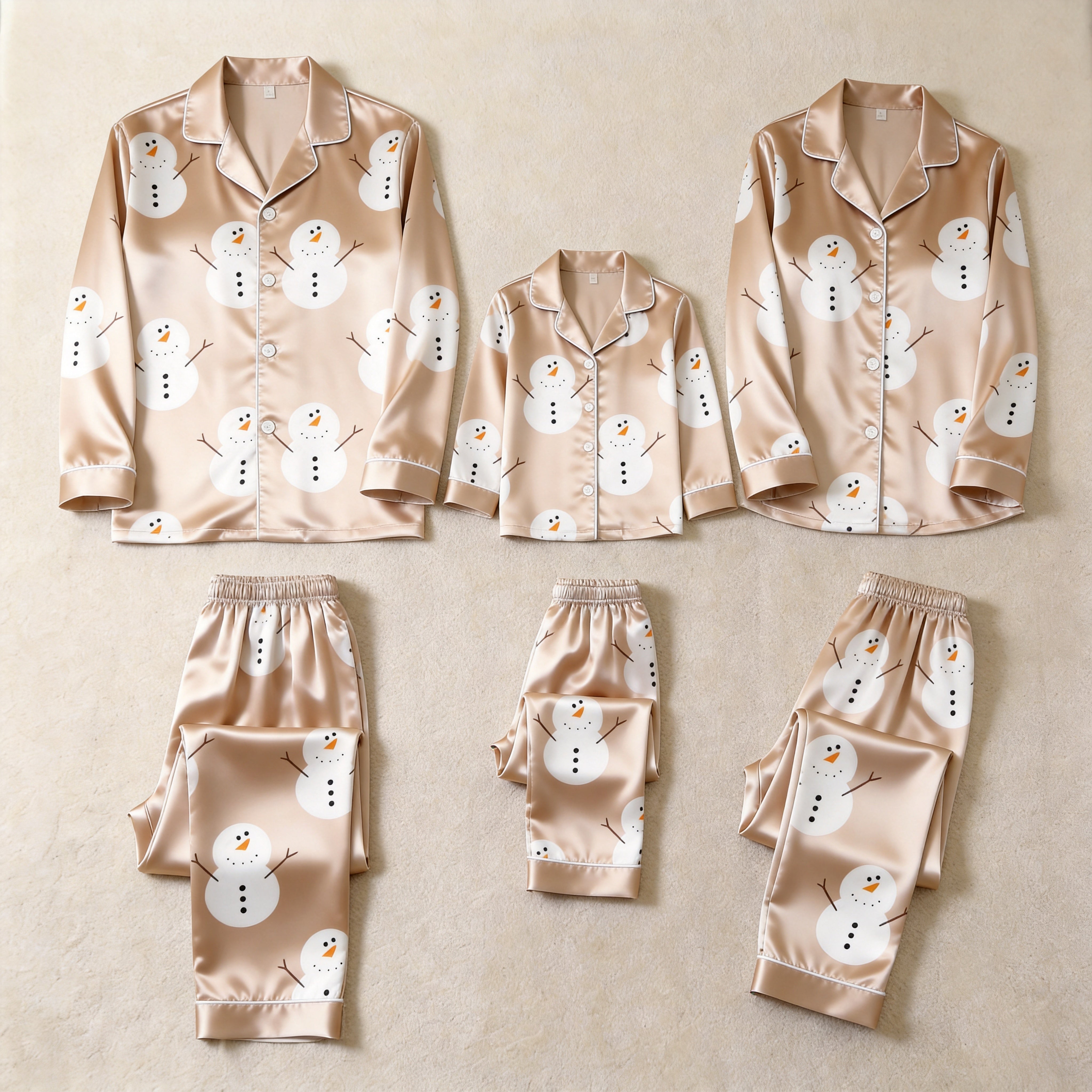 Beige Snowman Print Satin Button-Up Family Christmas Pajamas Set