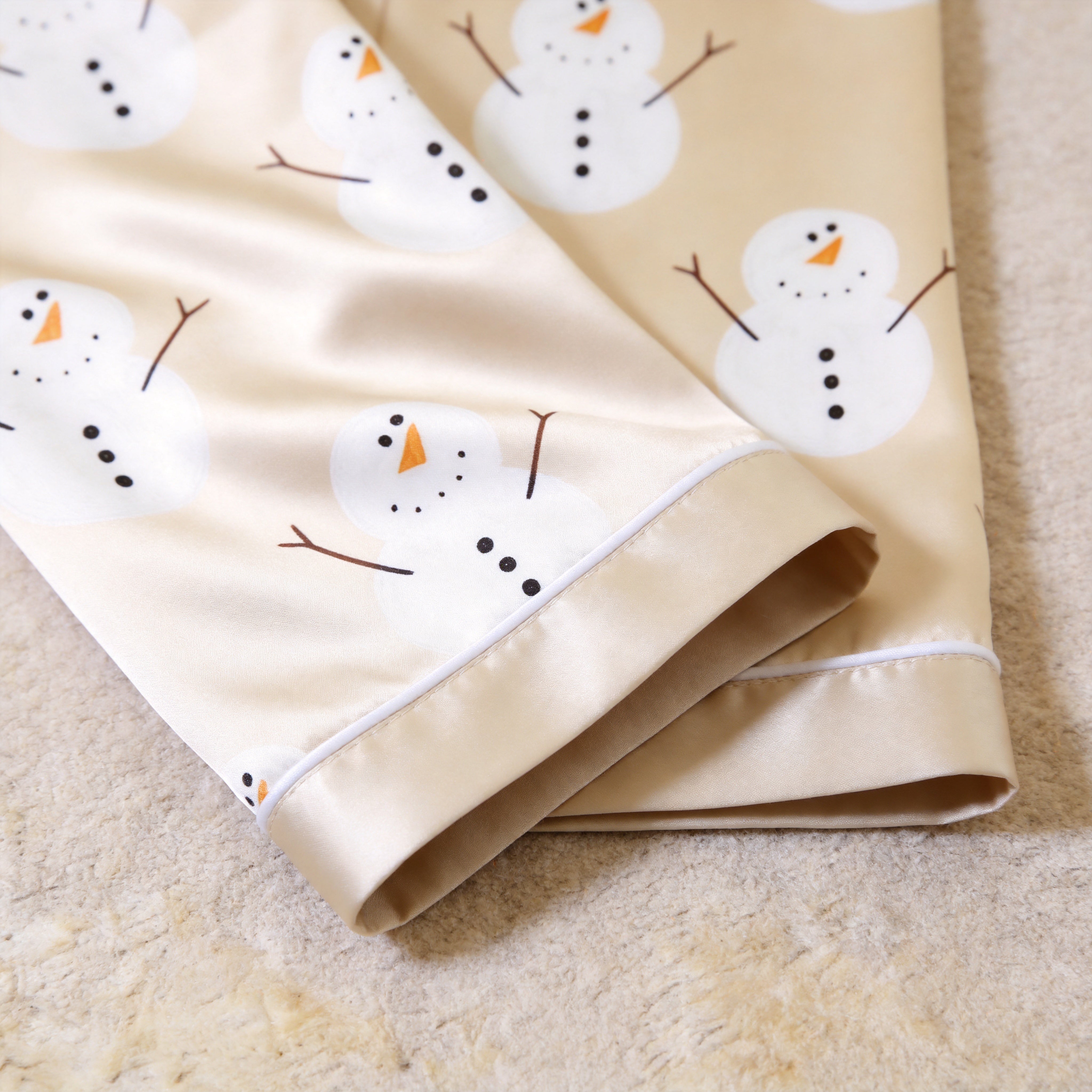 Creamy Beige Snowman Print Satin Matching Pajamas for Couples – Long Sleeve Button-Down Top & Pants Sleepwear Set