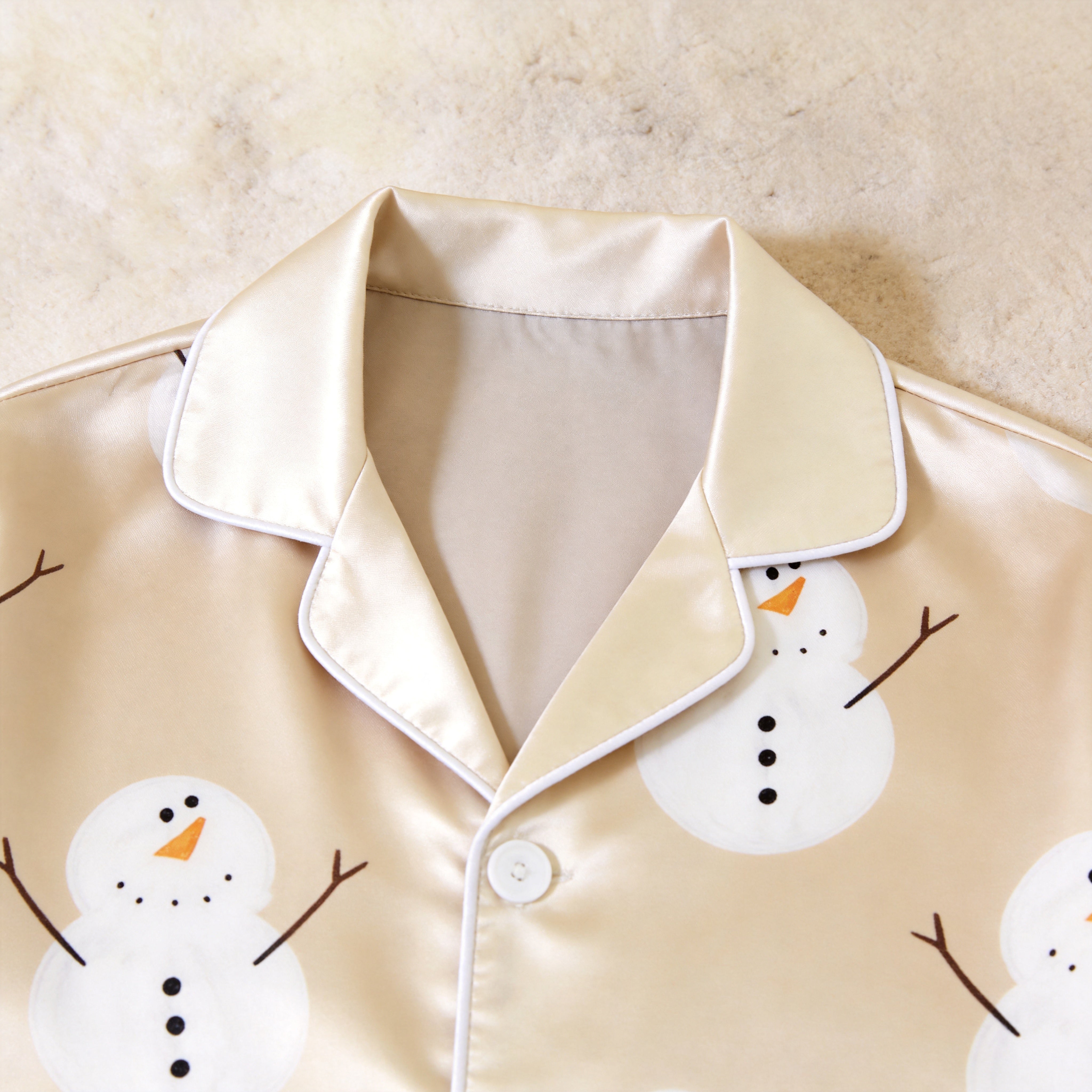 Creamy Beige Snowman Print Satin Matching Pajamas for Couples – Long Sleeve Button-Down Top & Pants Sleepwear Set