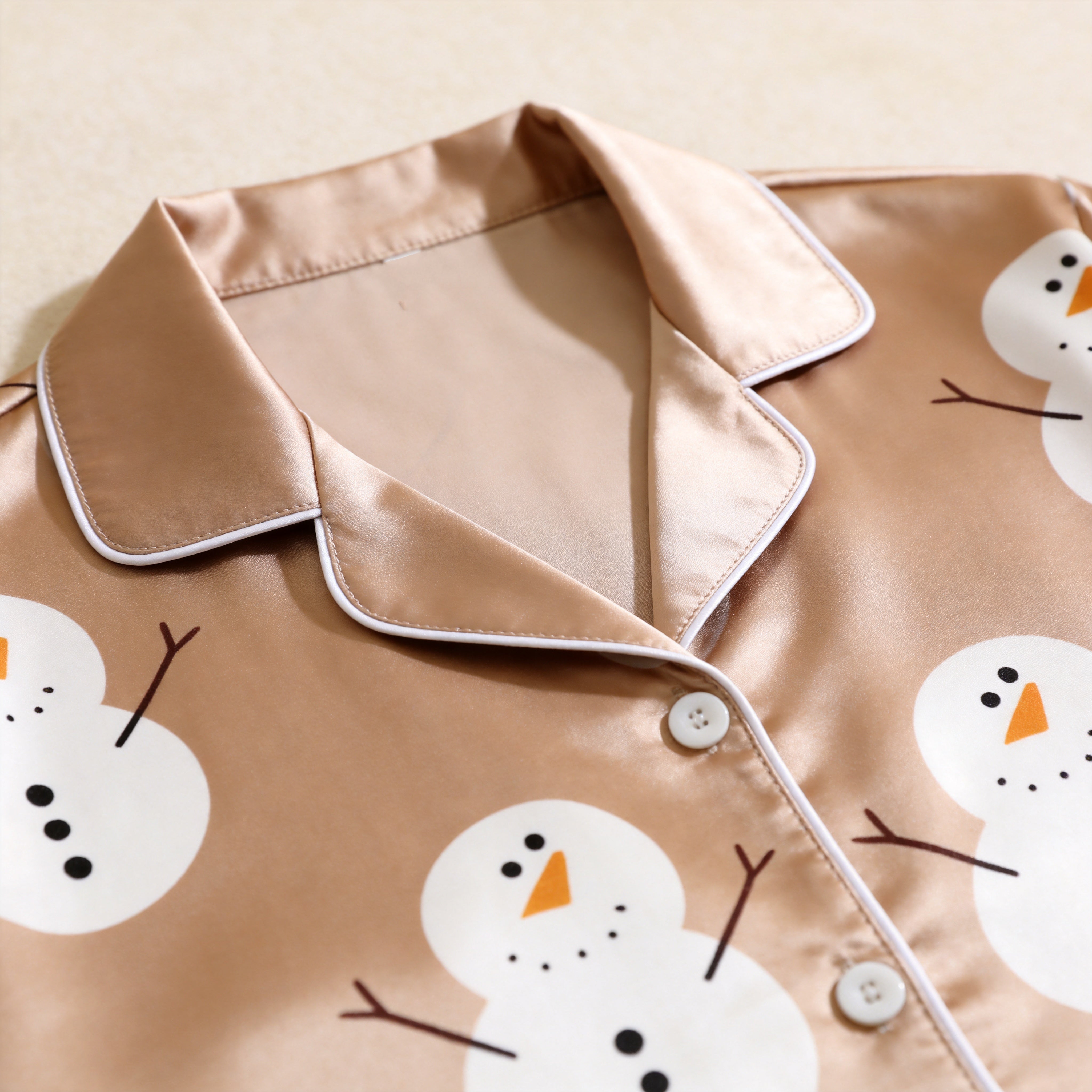 Beige Snowman Print Satin Button-Up Family Christmas Pajamas Set