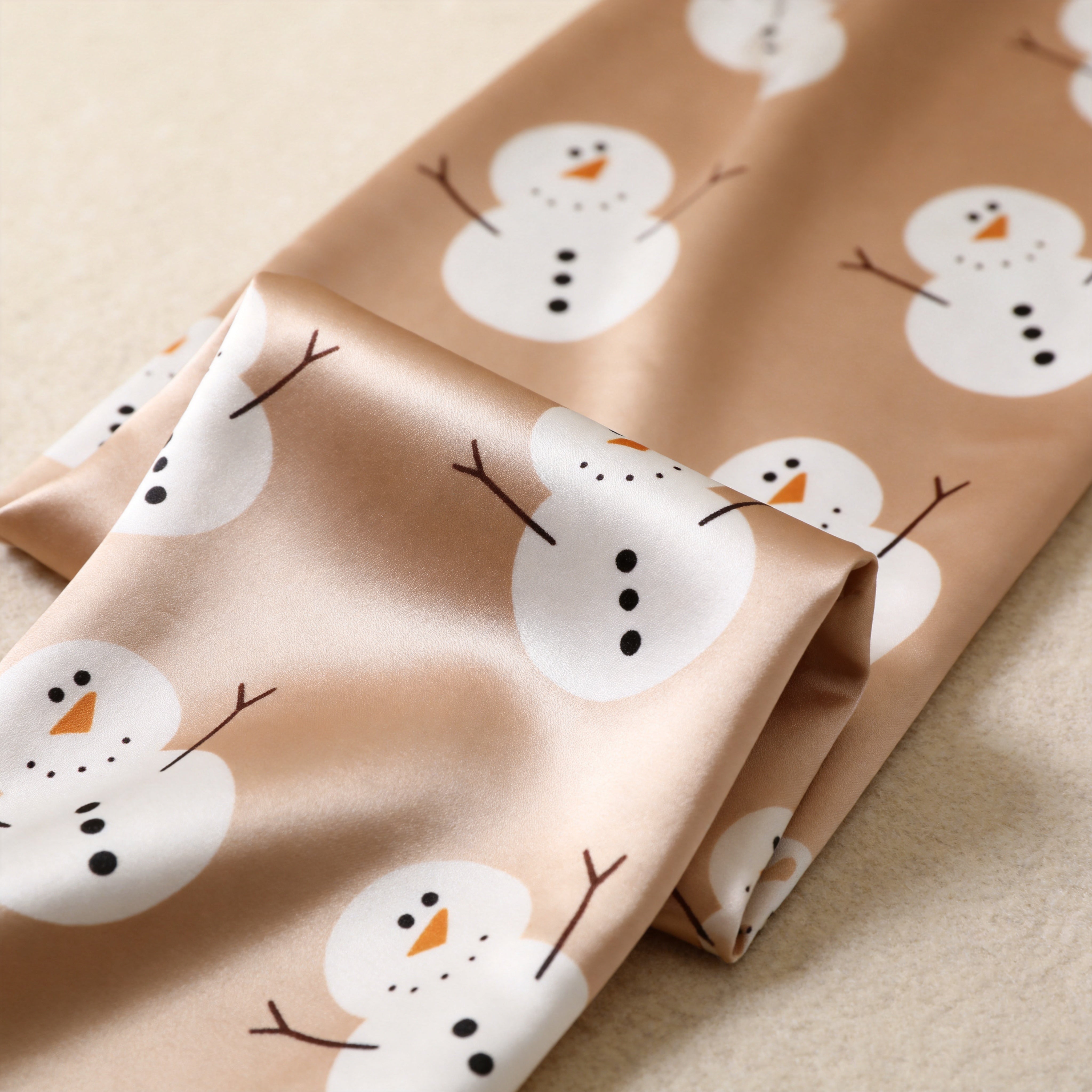 Beige Snowman Print Satin Button-Up Family Christmas Pajamas Set