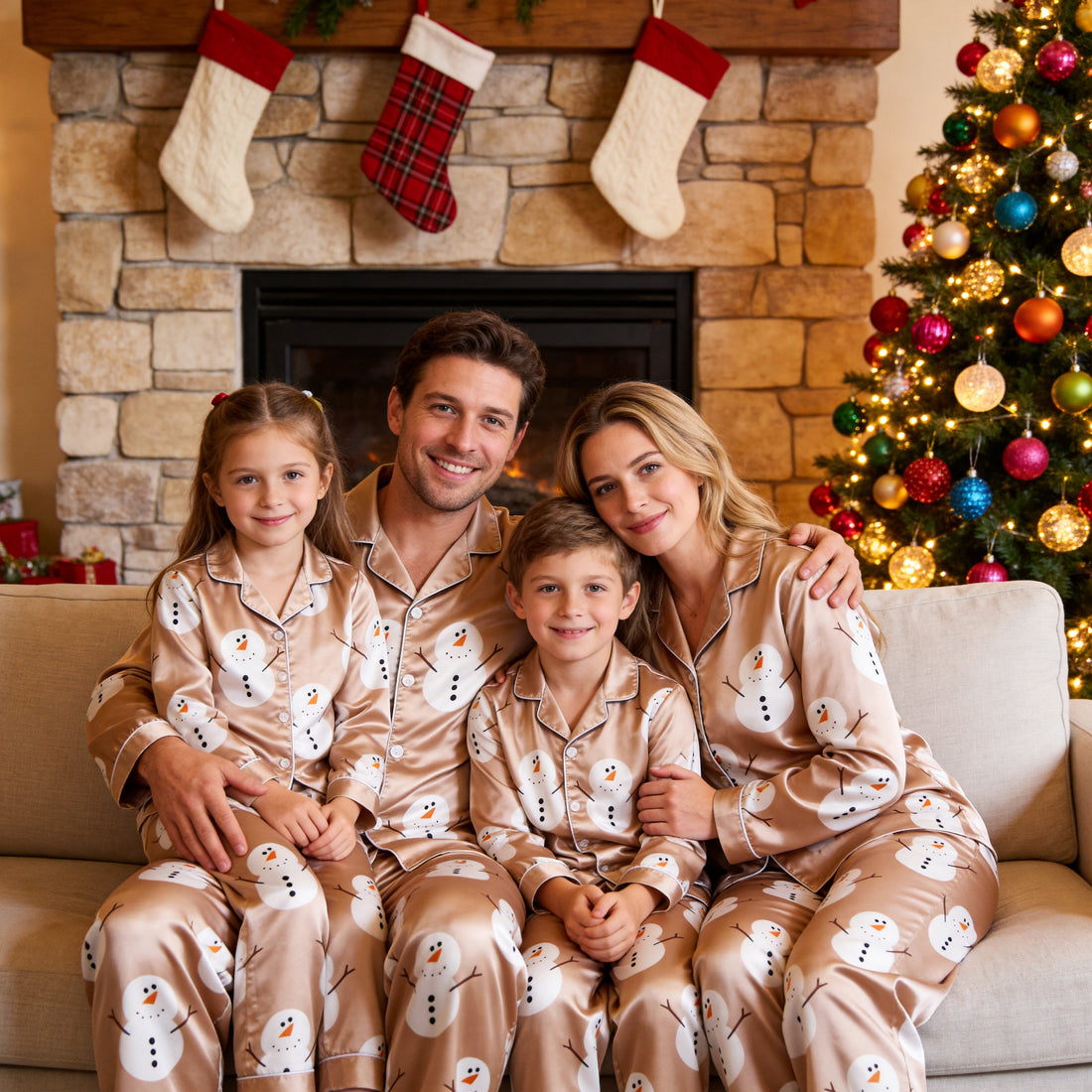Beige Snowman Print Satin Button-Up Family Christmas Pajamas Set