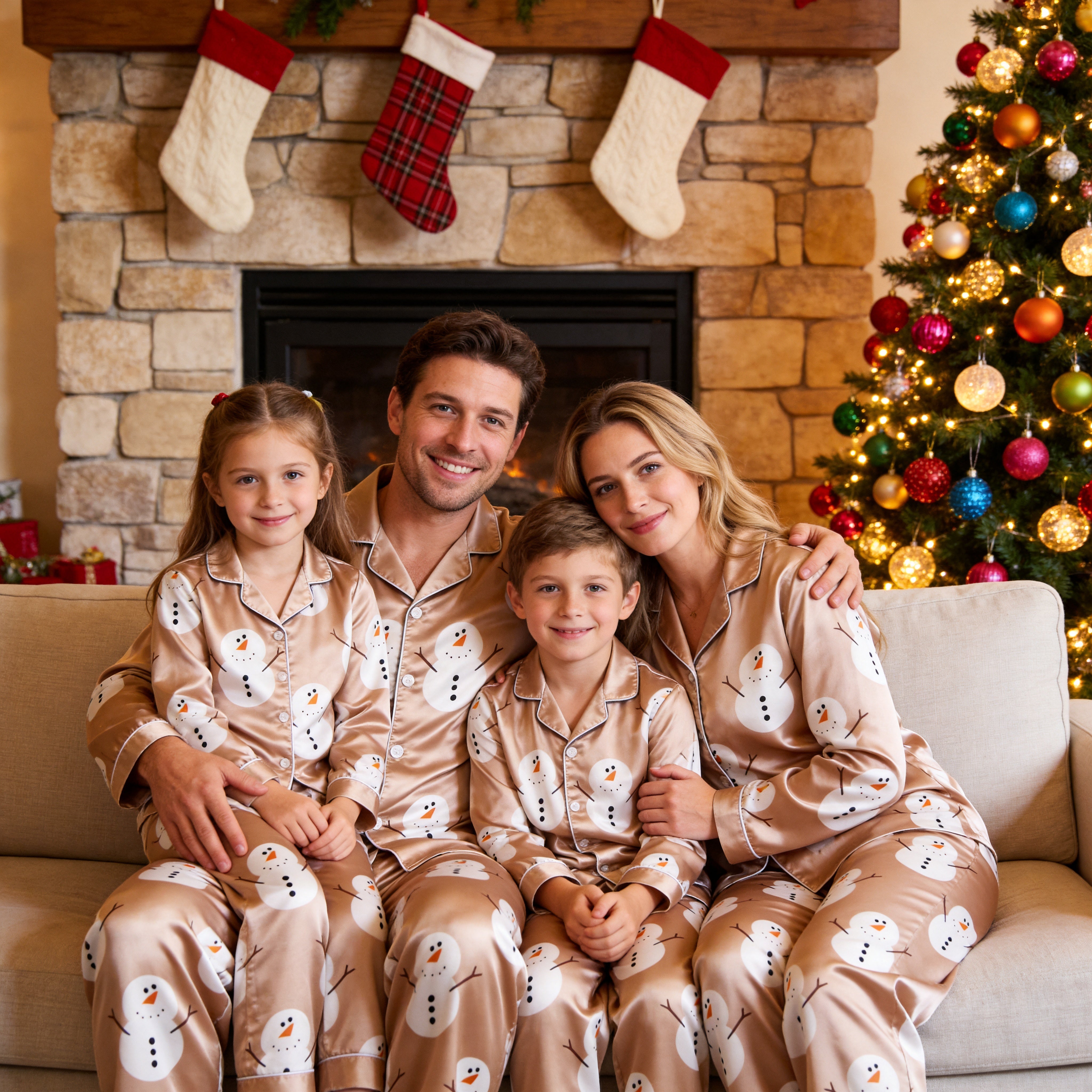 Beige Snowman Print Satin Button-Up Family Christmas Pajamas Set