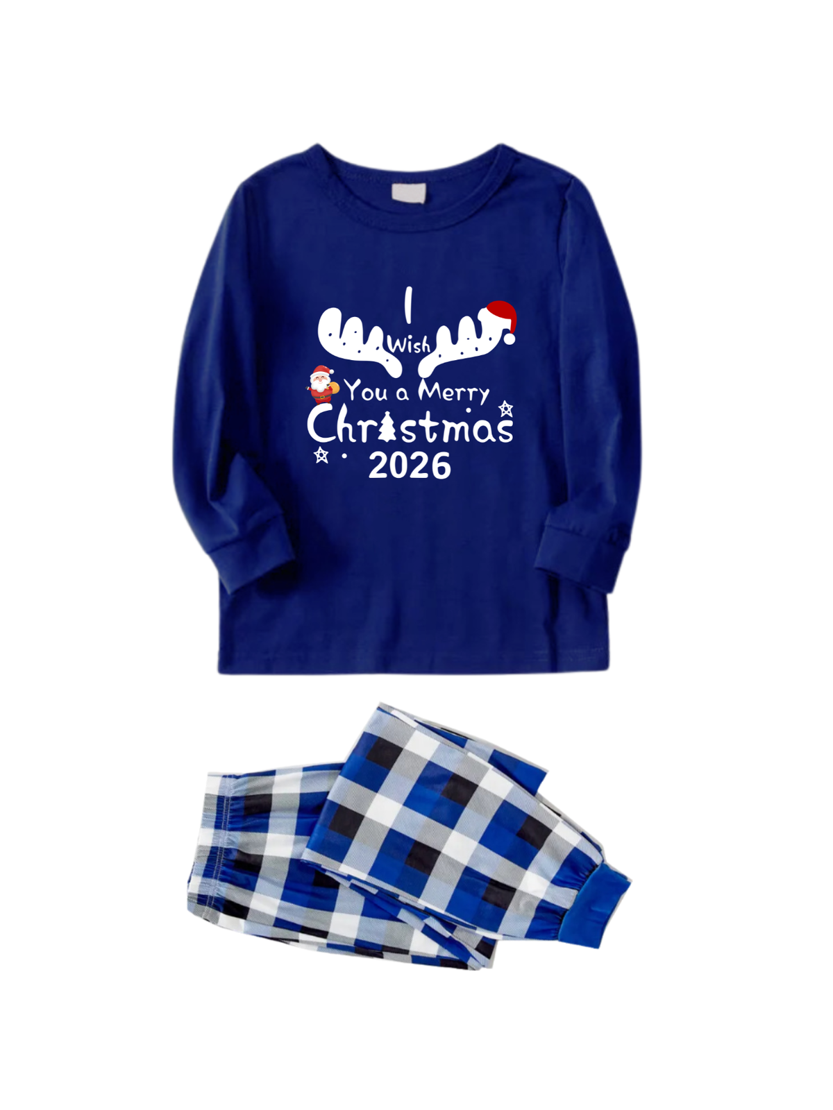 Family Matching Christmas Pajama Set 2026, I Wish You A Merry Christmas Reindeer Print Long Sleeve Top, Navy Blue Buffalo Plaid Pocket Pants, Cozy Festive Family Sleepwear for Holiday Photos
