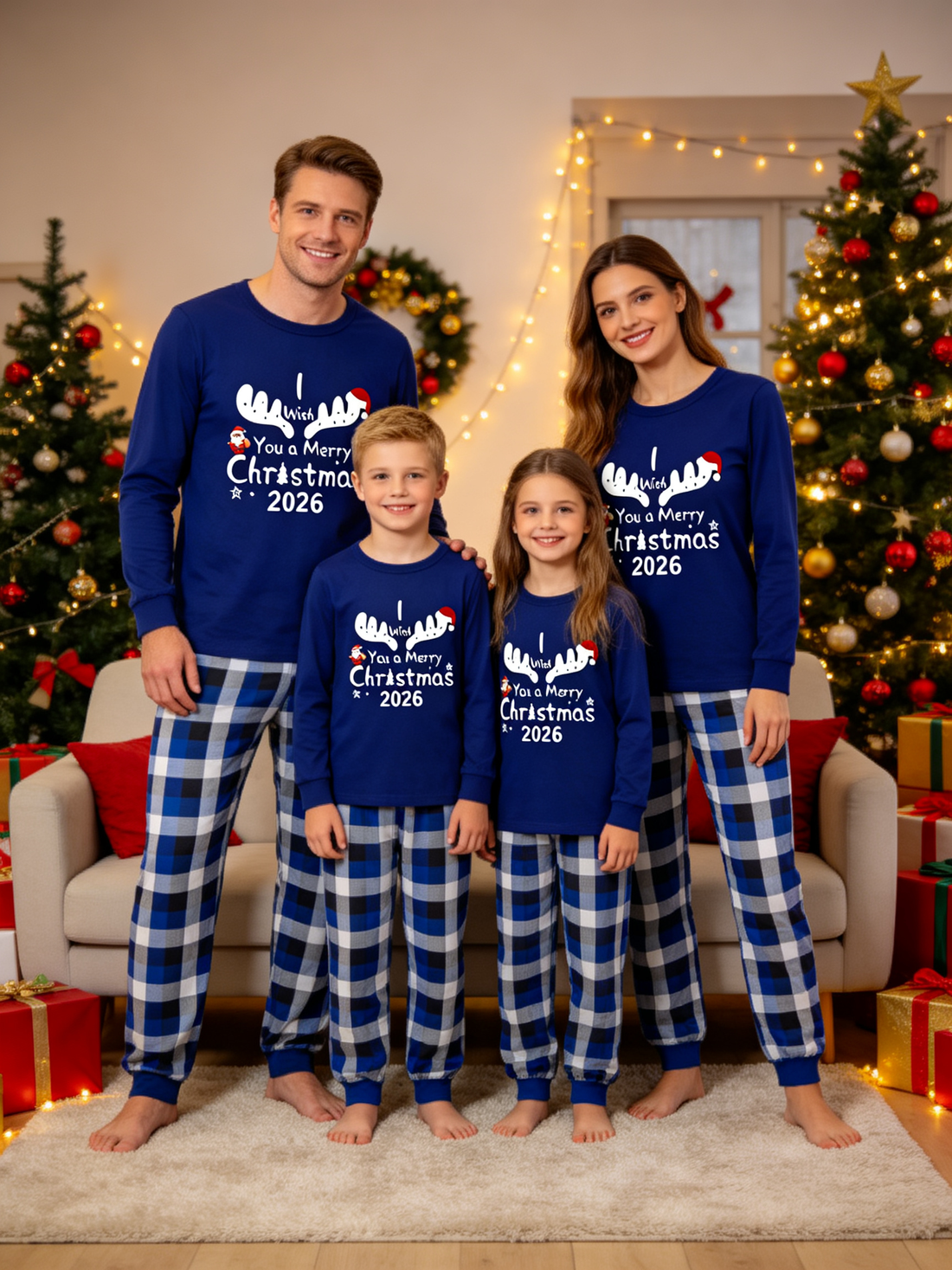 Family Matching Christmas Pajama Set 2026, I Wish You A Merry Christmas Reindeer Print Long Sleeve Top, Navy Blue Buffalo Plaid Pocket Pants, Cozy Festive Family Sleepwear for Holiday Photos