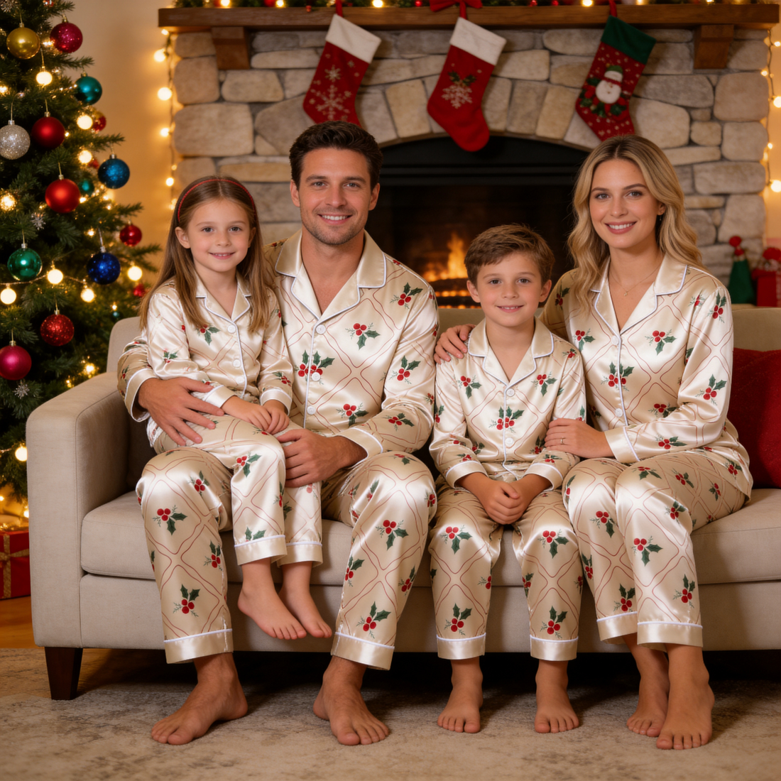Cream Holly Berry Print Satin Button-Up Family Christmas Pajamas Set