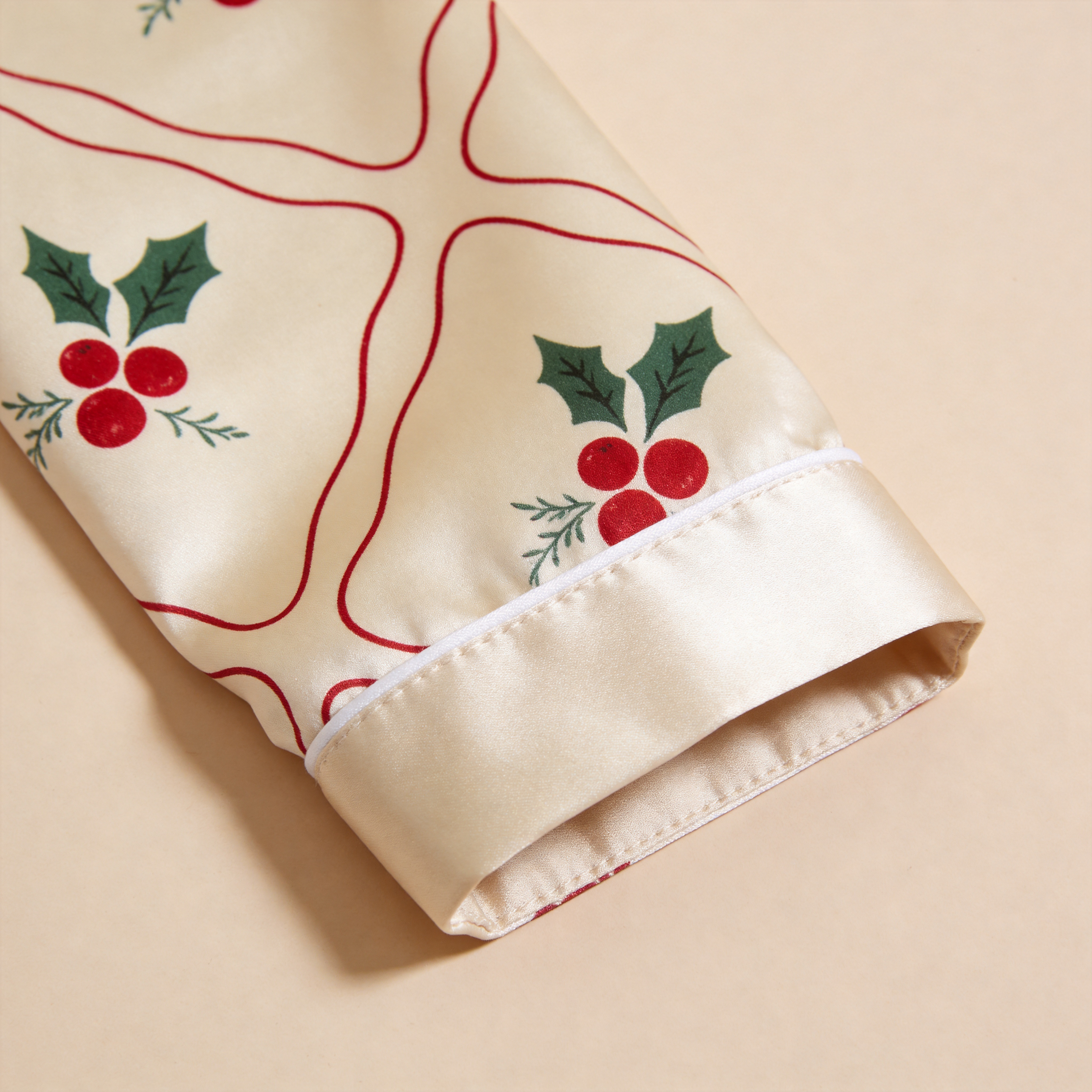 Cream Holly Berry Print Satin Button-Up Family Christmas Pajamas Set