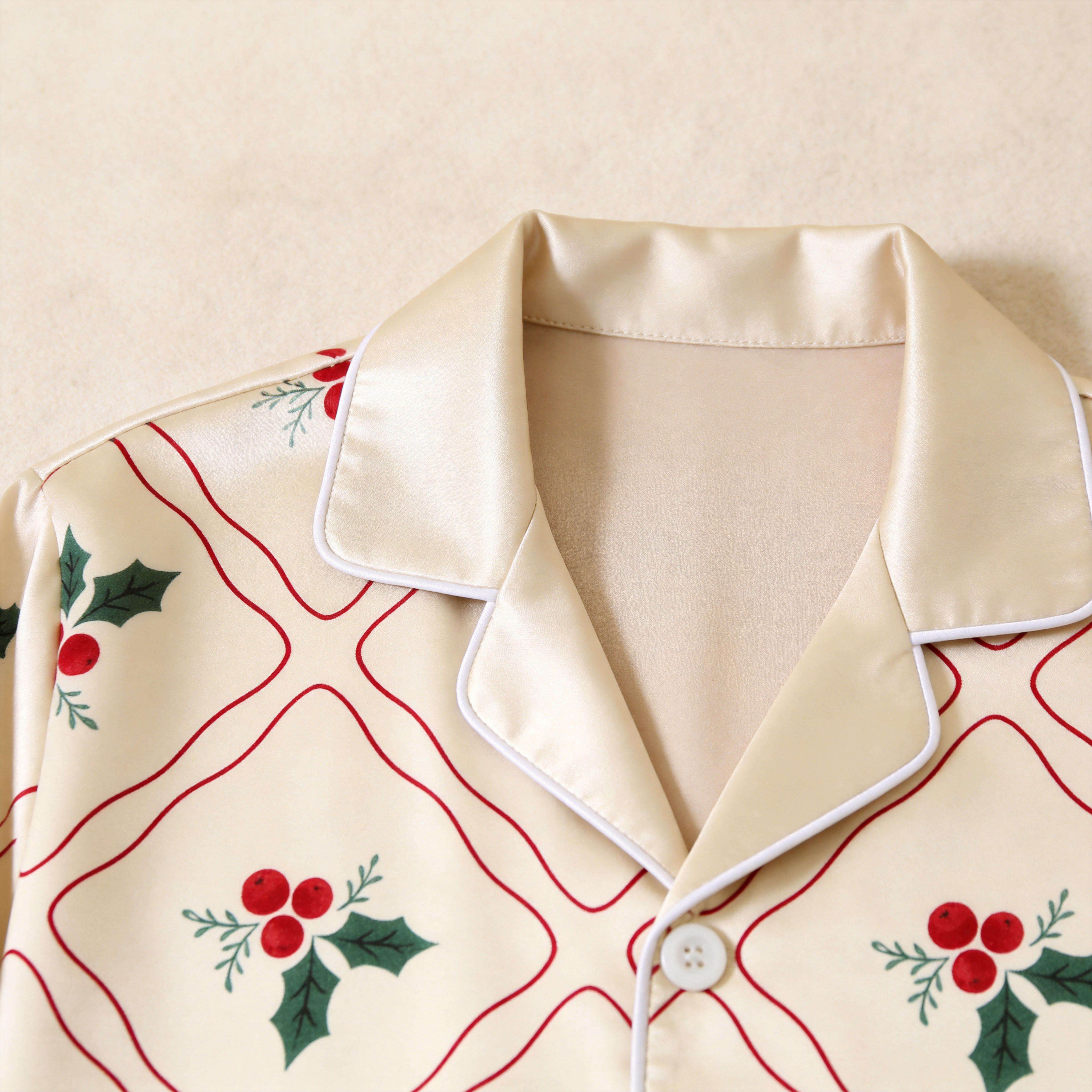 Classic Holly Berry & Diamond Grid Satin Matching Pajamas for Couples – Long Sleeve Button-Down Top & Pants Sleepwear Set