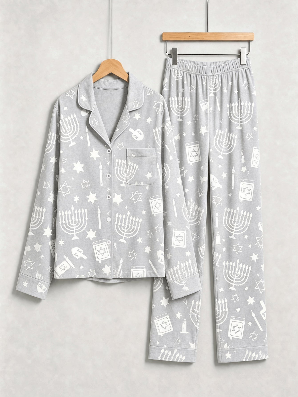 Hanukkah Family Pajamas Two-Piece Button-Front Long Sleeve Long Pants with Pocket - Hanukkah Menorah & Dove Print