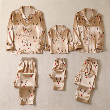 Champagne Reindeer Face Print Satin Button-Up Family Christmas Pajamas Set
