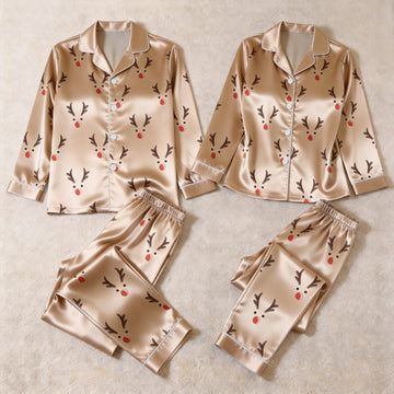 Cute Reindeer Face Print Satin Matching Pajamas for Couples – Long Sleeve Button-Down Top & Pants Sleepwear Set