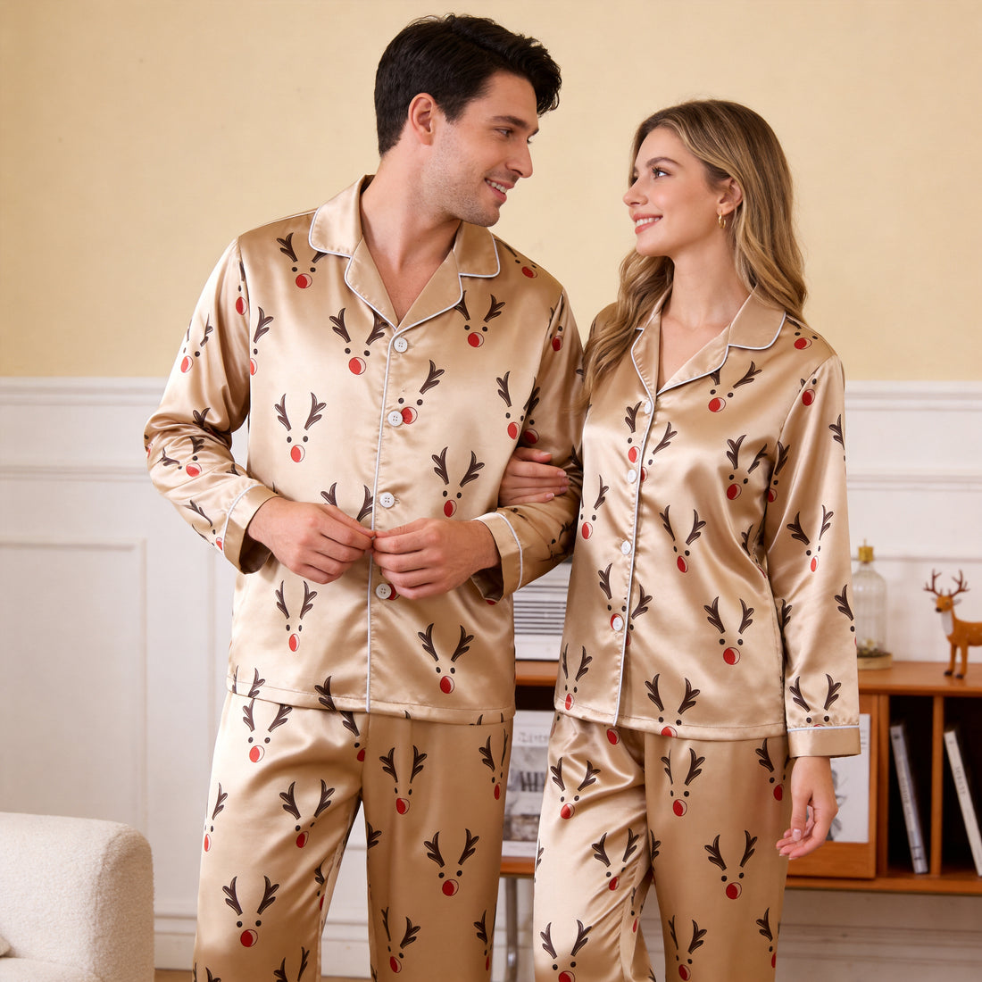 Cute Reindeer Face Print Satin Matching Pajamas for Couples – Long Sleeve Button-Down Top & Pants Sleepwear Set