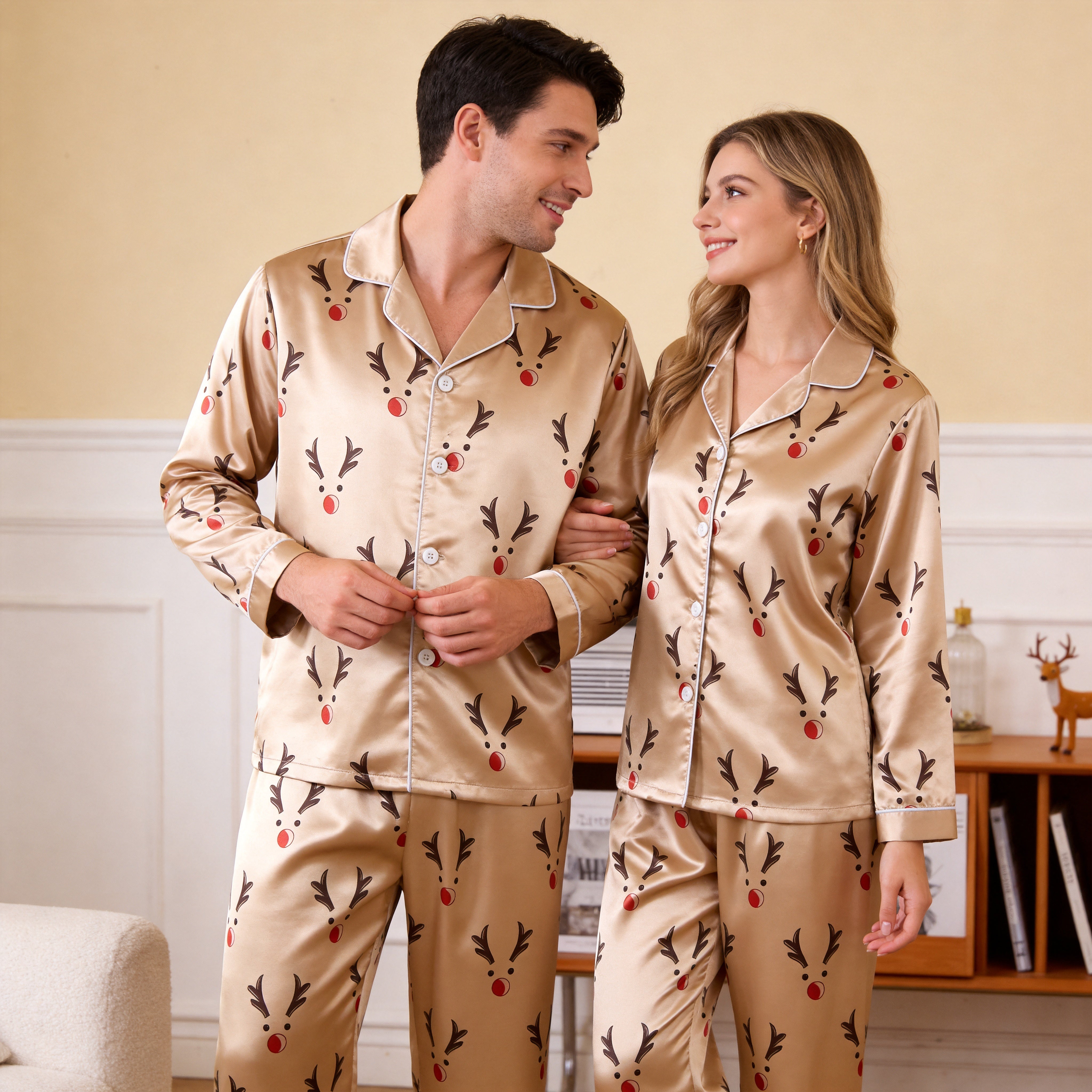 Cute Reindeer Face Print Satin Matching Pajamas for Couples – Long Sleeve Button-Down Top & Pants Sleepwear Set