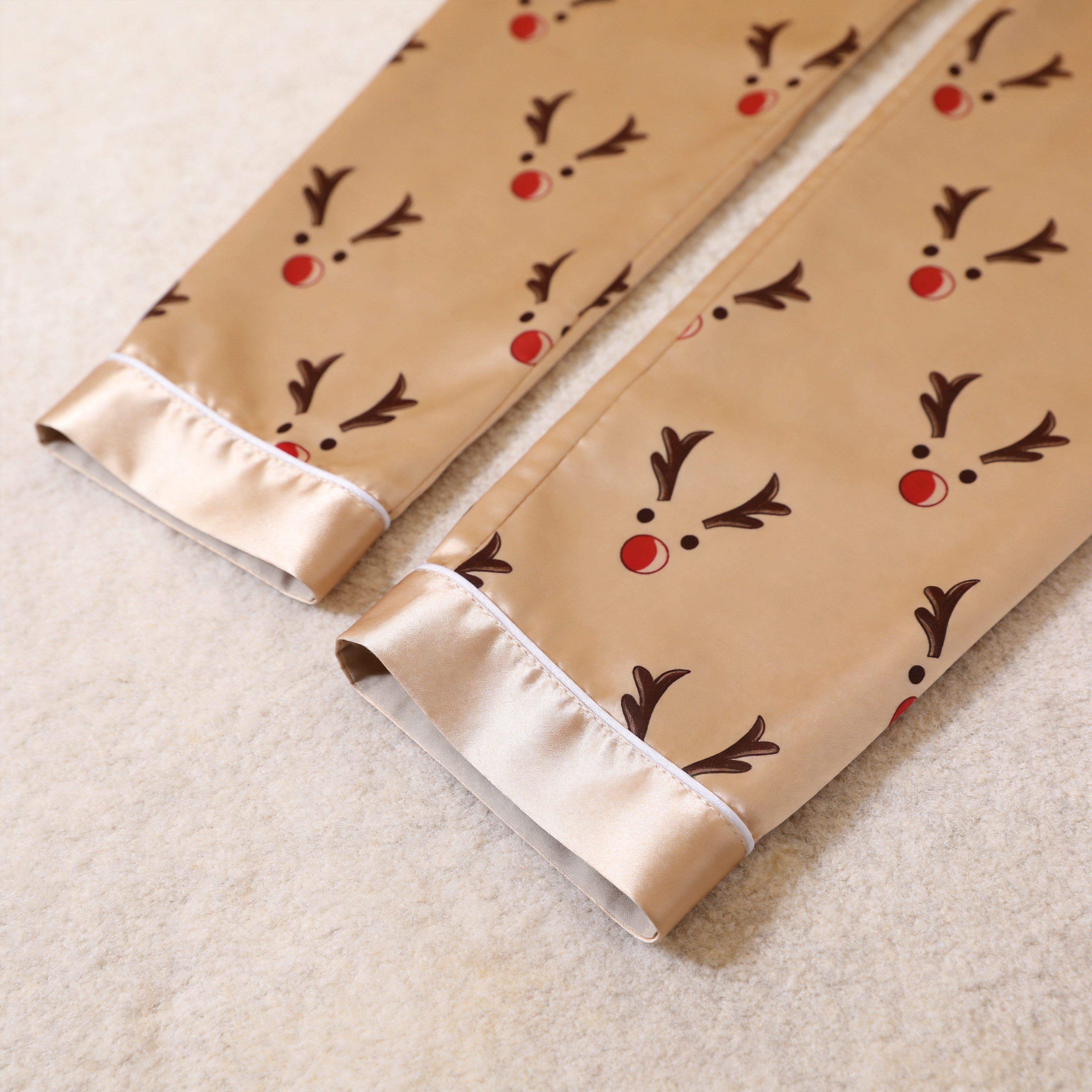 Champagne Reindeer Face Print Satin Button-Up Family Christmas Pajamas Set